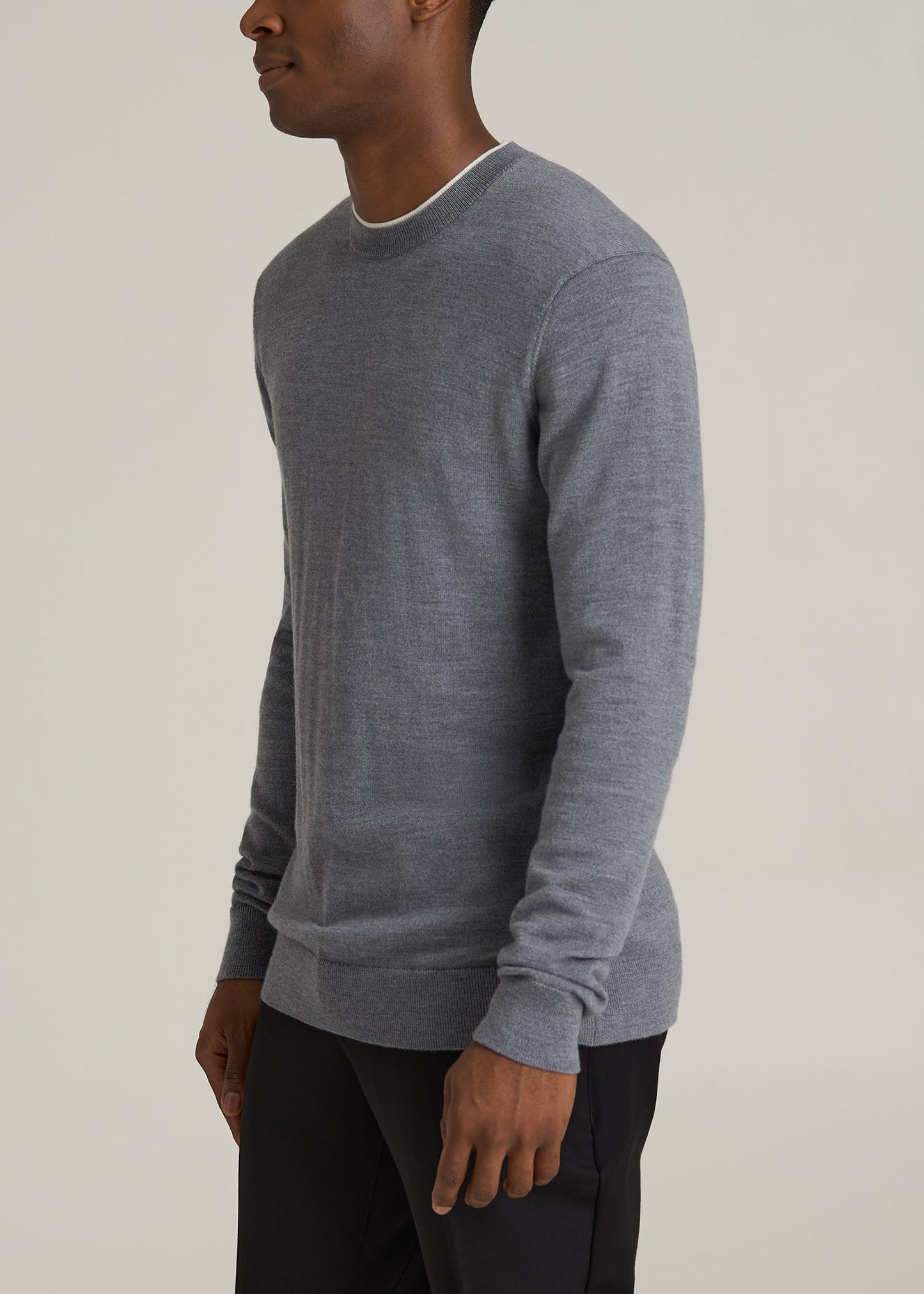 Merino Wool Crewneck Tip Sweater for Tall Men in Grey Mix