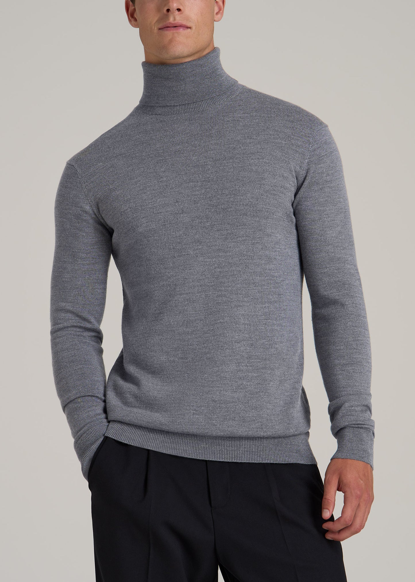 Merino Wool Turtleneck Sweater for Tall Men in Grey Mix