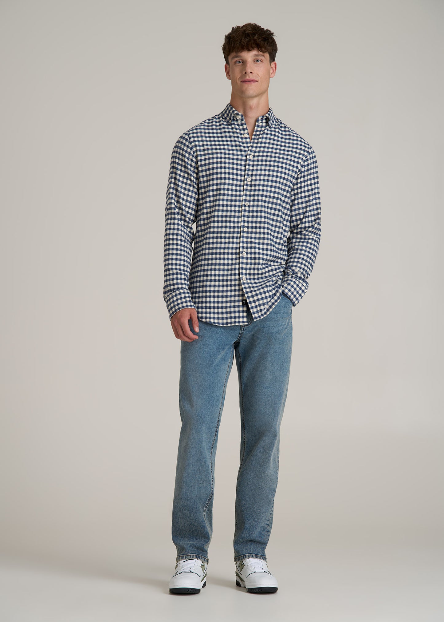 Midweight Brushed Flannel Button Shirt for Tall Men in Blue and Ecru Gingham