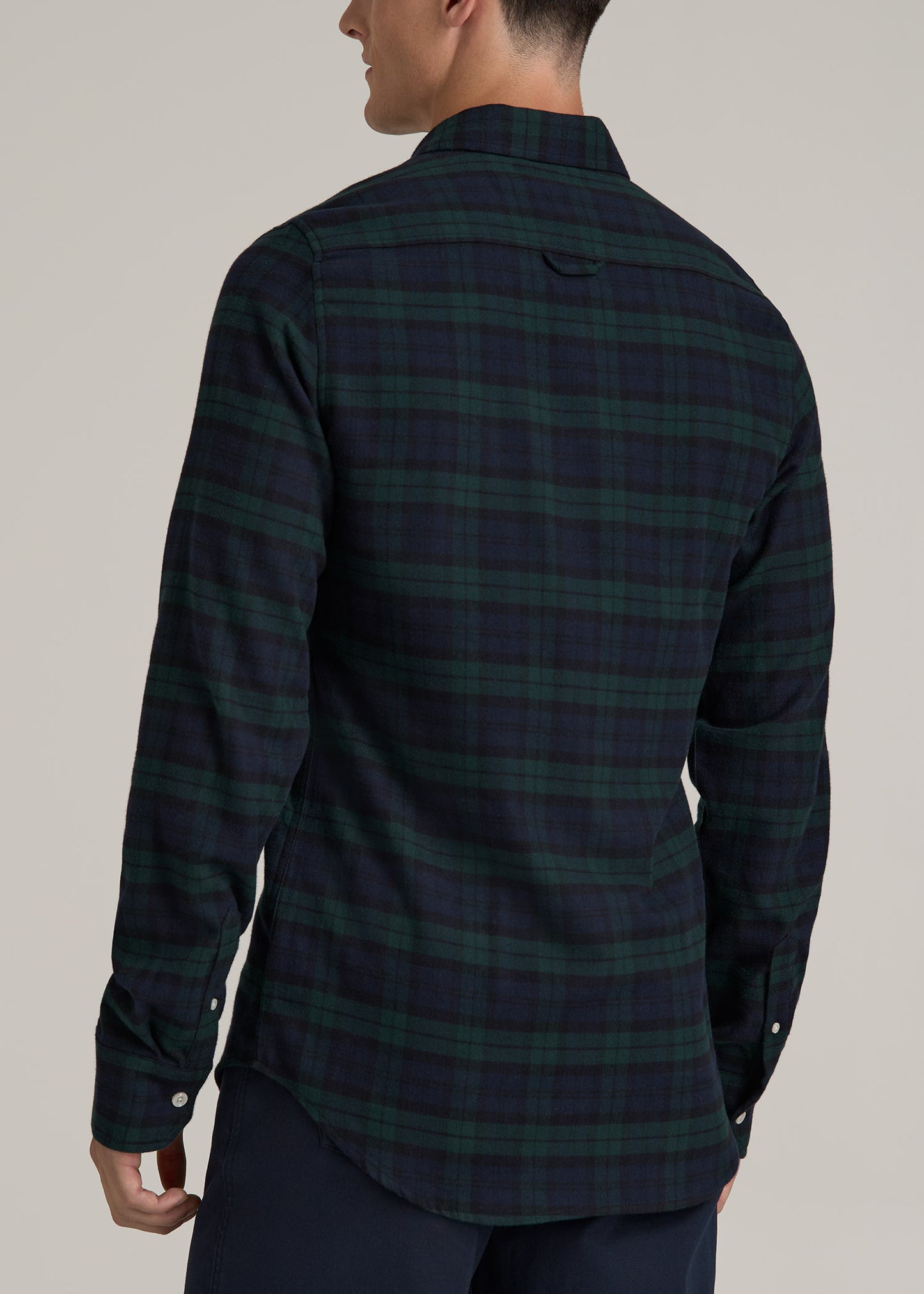 Midweight Brushed Flannel Button Shirt for Tall Men in Blue Herringbone Tartan