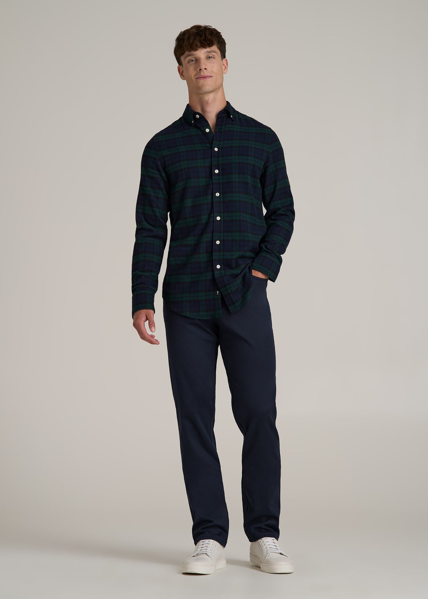 Midweight Brushed Flannel Button Shirt for Tall Men in Blue Herringbone Tartan