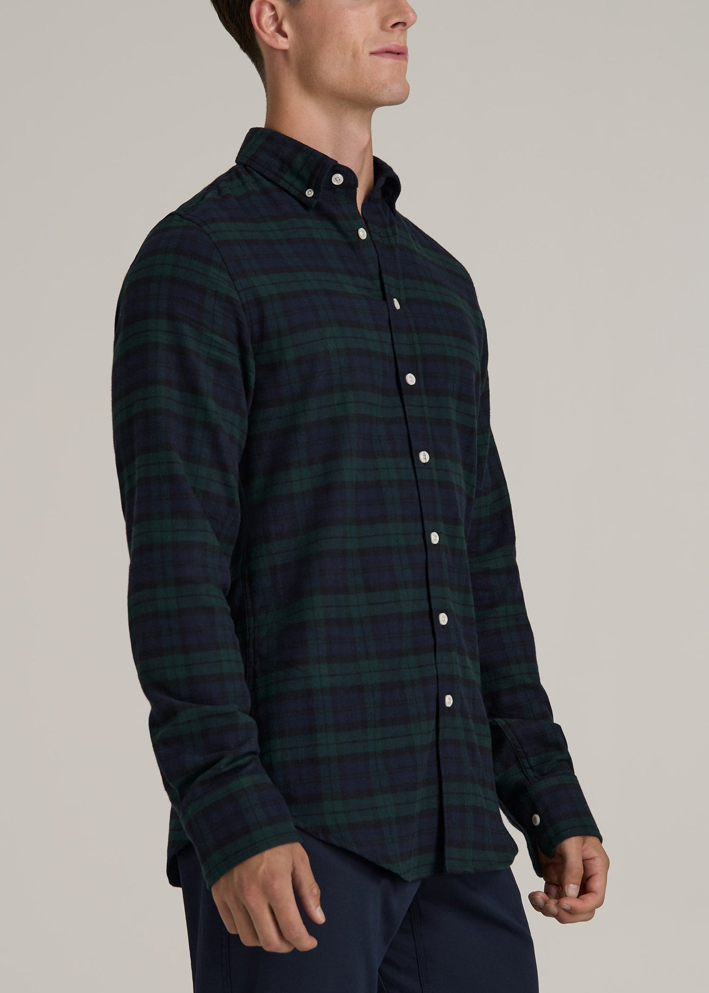 Midweight Brushed Flannel Button Shirt for Tall Men in Blue Herringbone Tartan