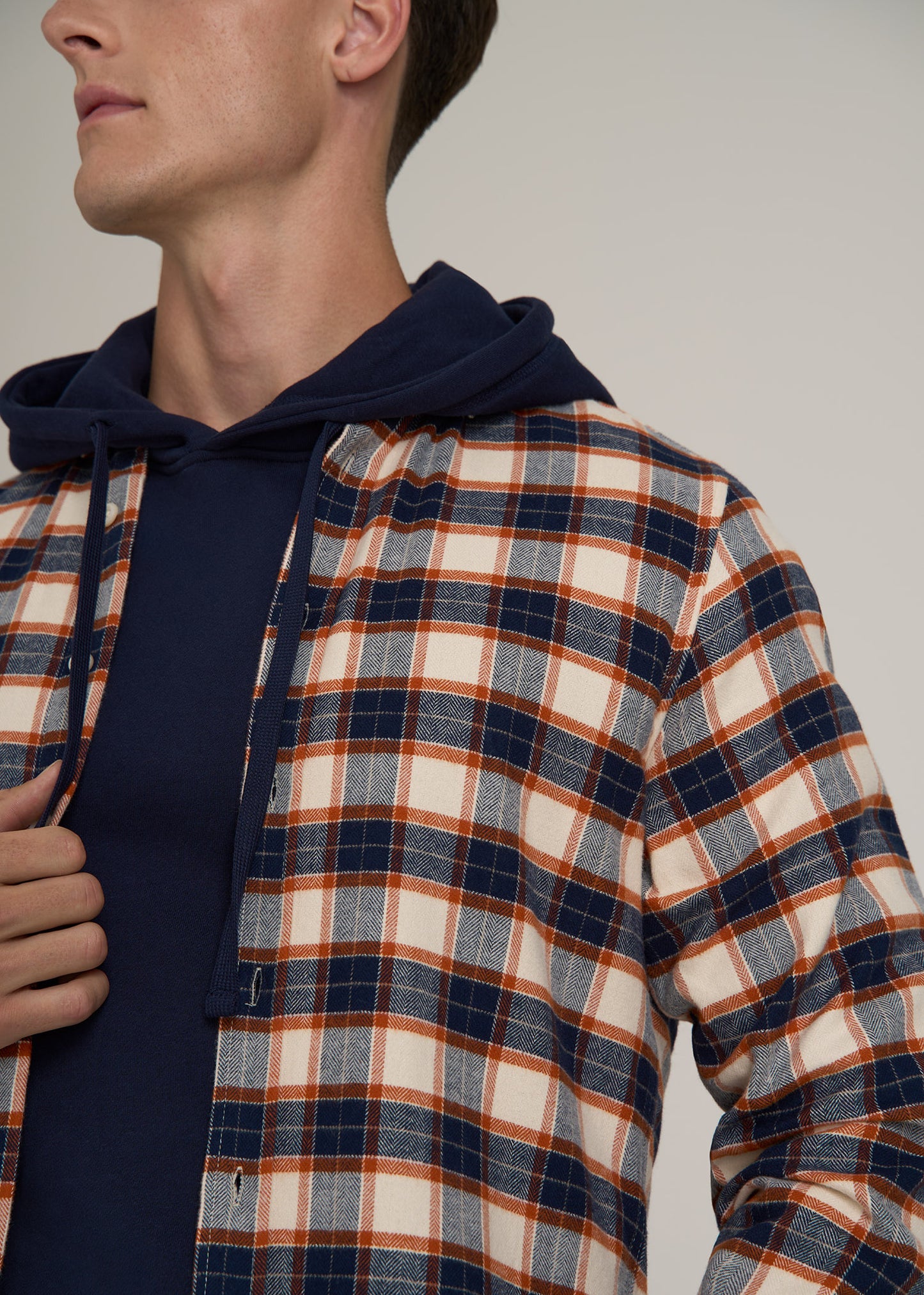 Midweight Brushed Flannel Button Shirt for Tall Men in Blue and Orange Plaid