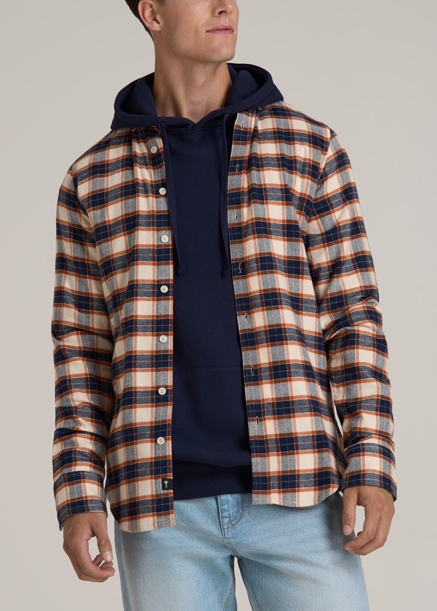 Midweight Brushed Flannel Button Shirt for Tall Men in Blue and Orange Plaid