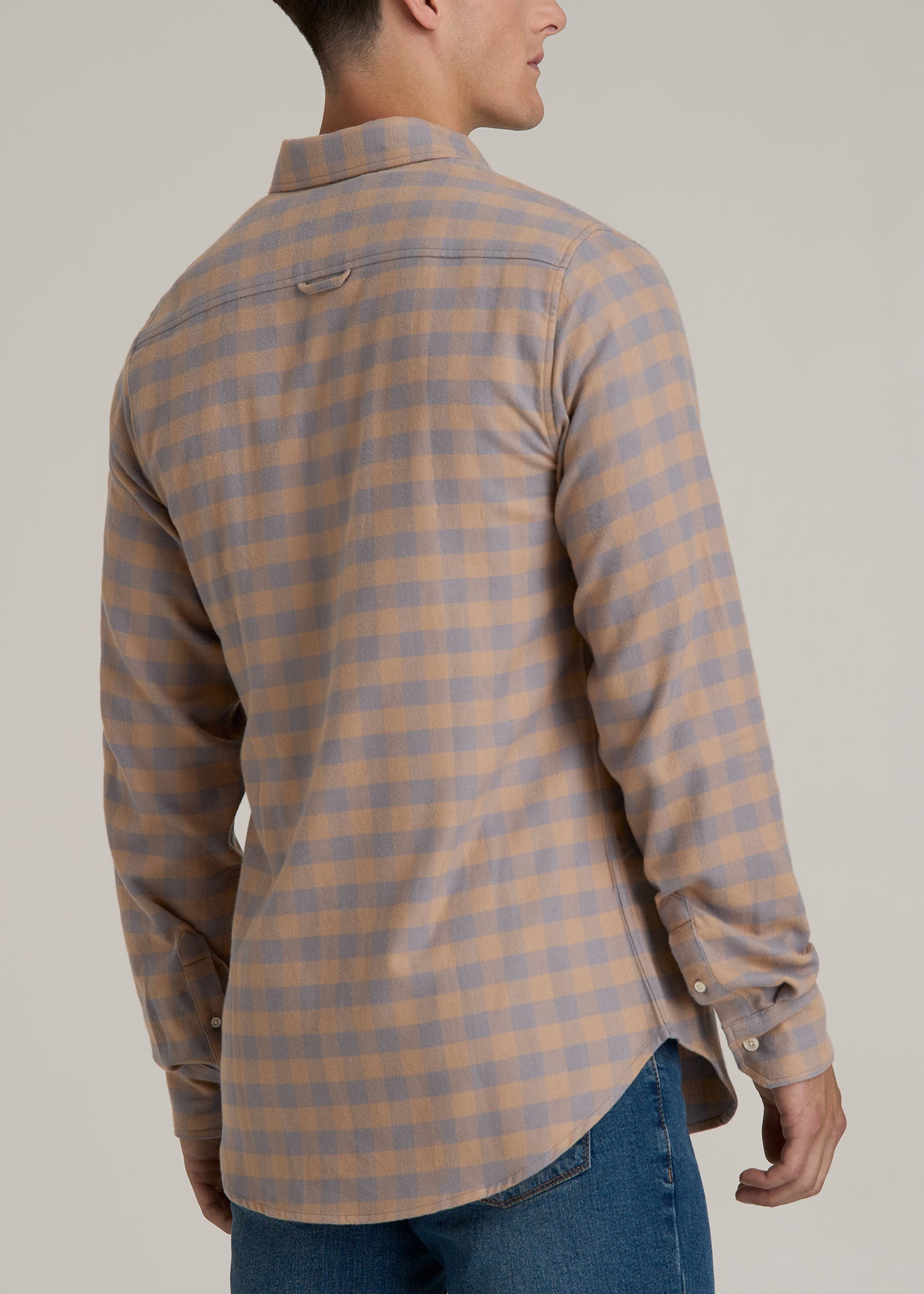 Midweight Brushed Flannel Button Shirt for Tall Men in Taupe and Grey Check