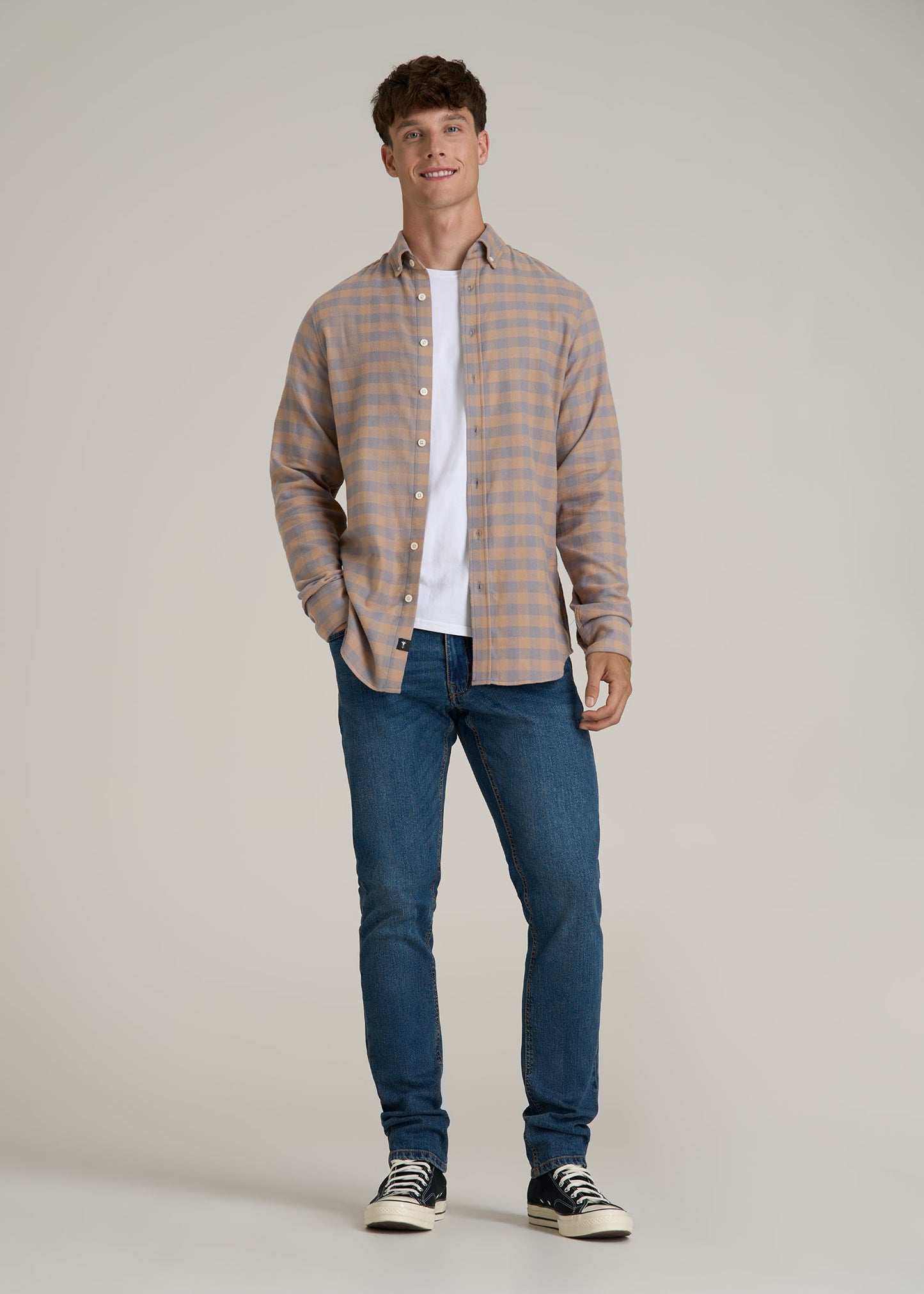 Midweight Brushed Flannel Button Shirt for Tall Men in Taupe and Grey Check