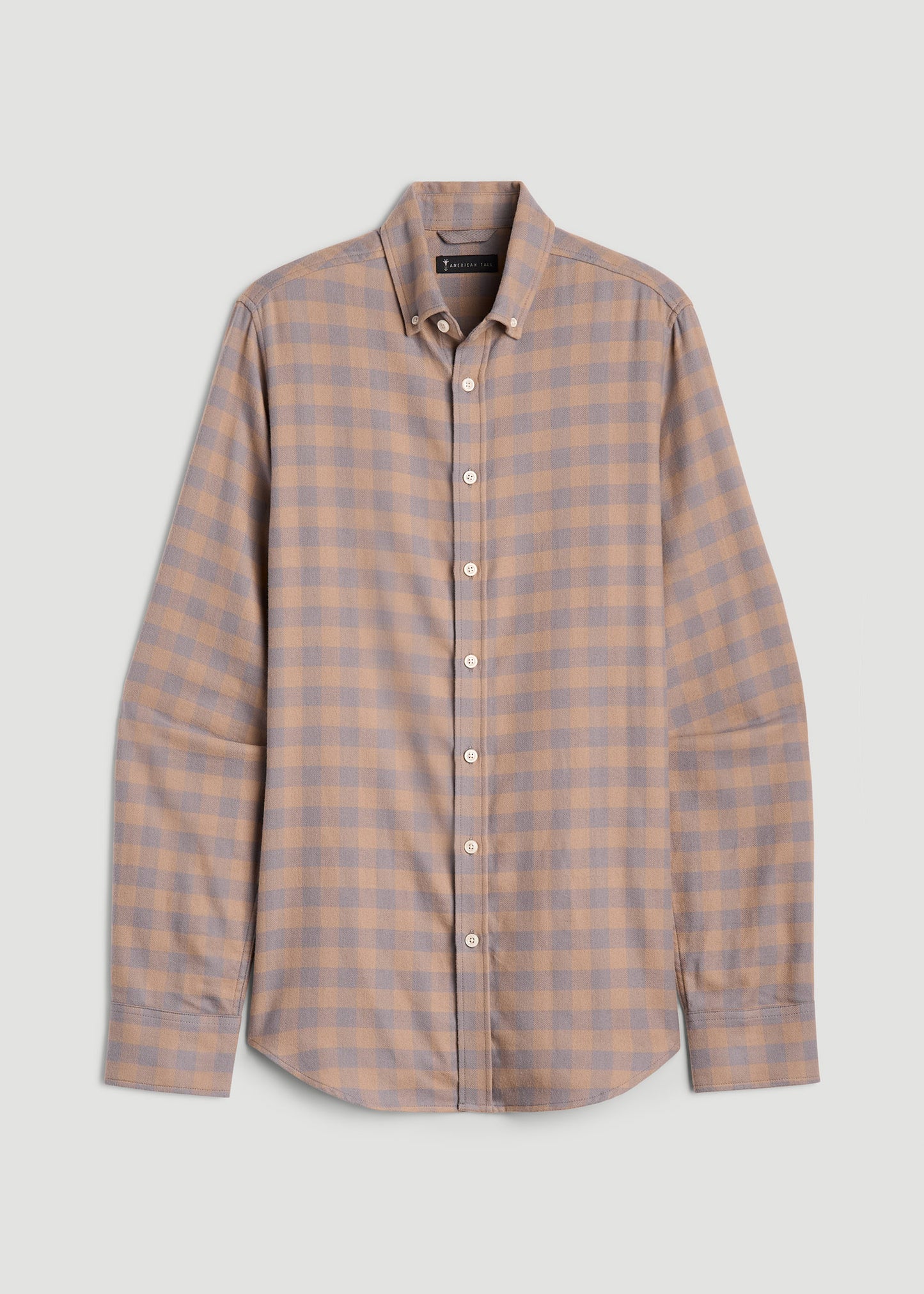 Midweight Brushed Flannel Button Shirt for Tall Men in Taupe and Grey Check