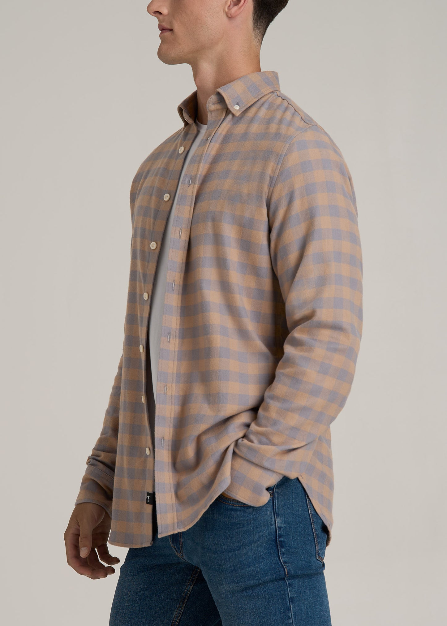 Midweight Brushed Flannel Button Shirt for Tall Men in Taupe and Grey Check