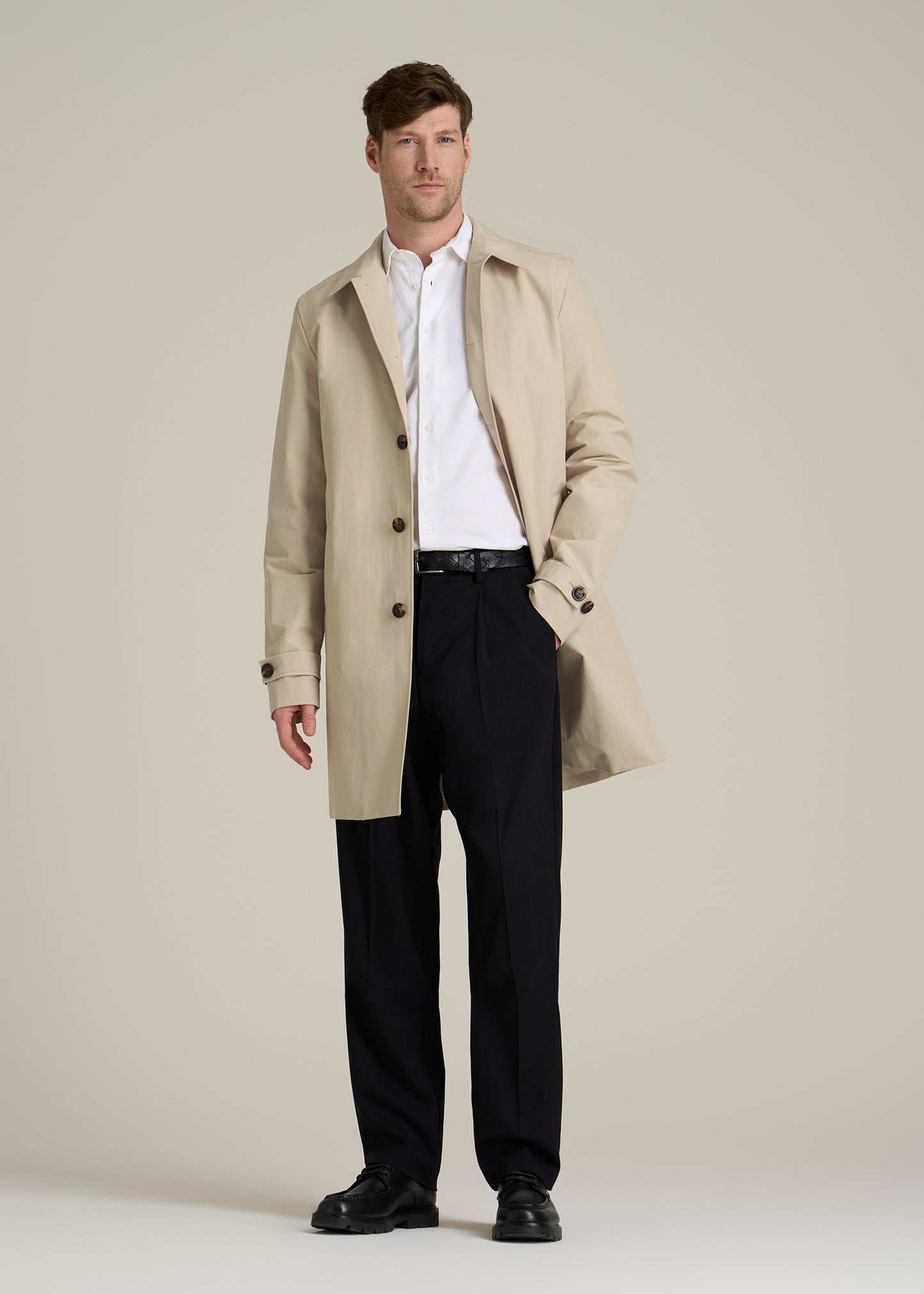 Minimalist Trench Coat for Tall Men in Light Khaki