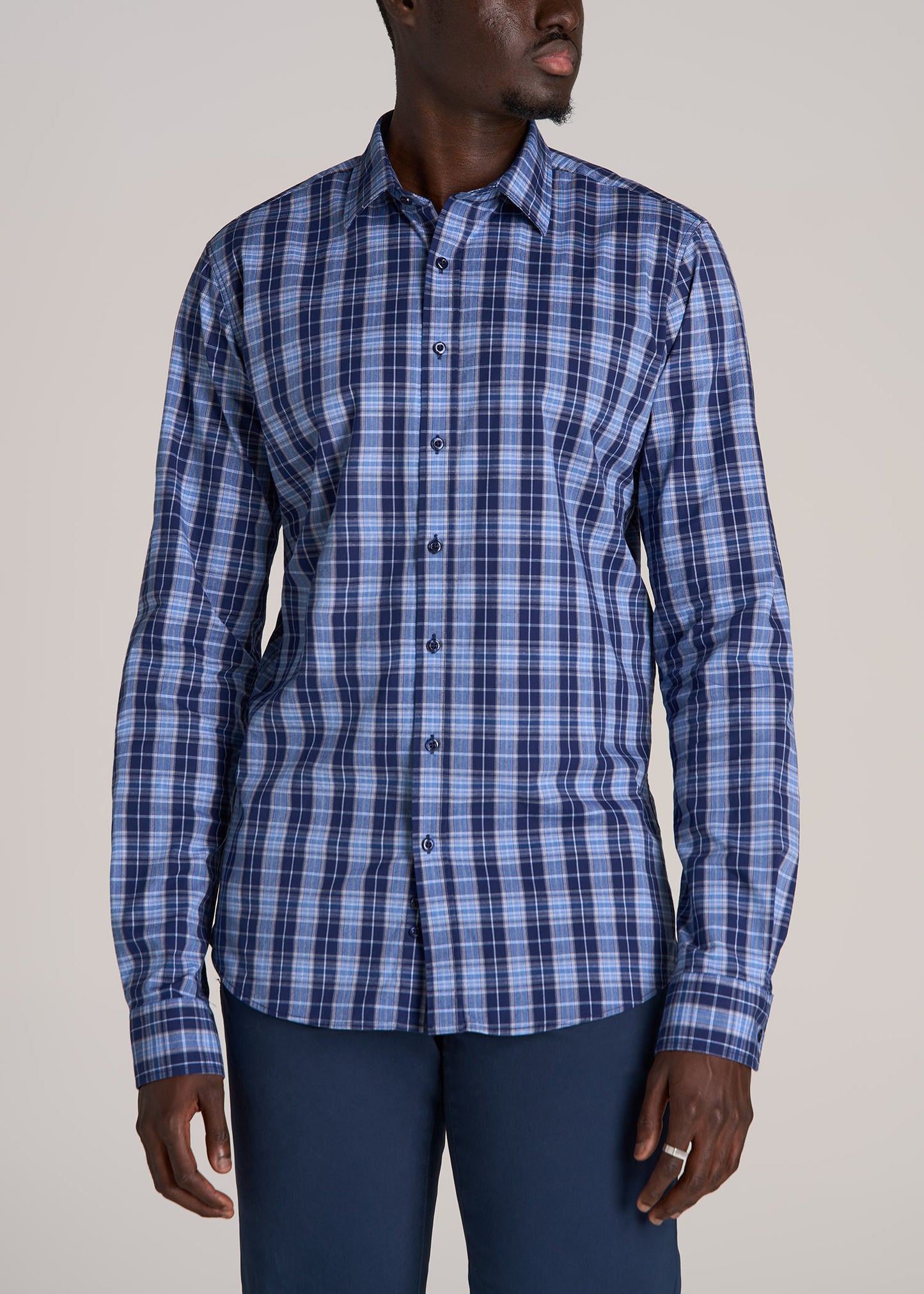 Oskar Button-Up Dress Shirt for Tall Men in Navy Blue Plaid