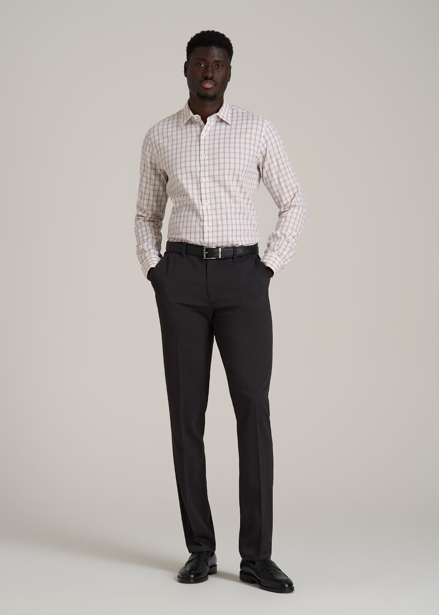 Oskar Button-Up Dress Shirt for Tall Men in Beige Grid