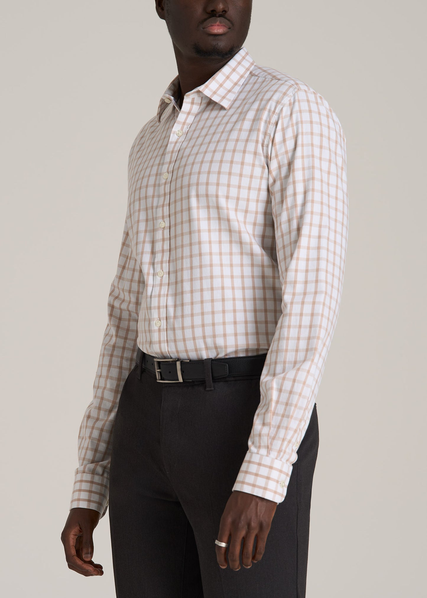 Oskar Button-Up Dress Shirt for Tall Men in Beige Grid