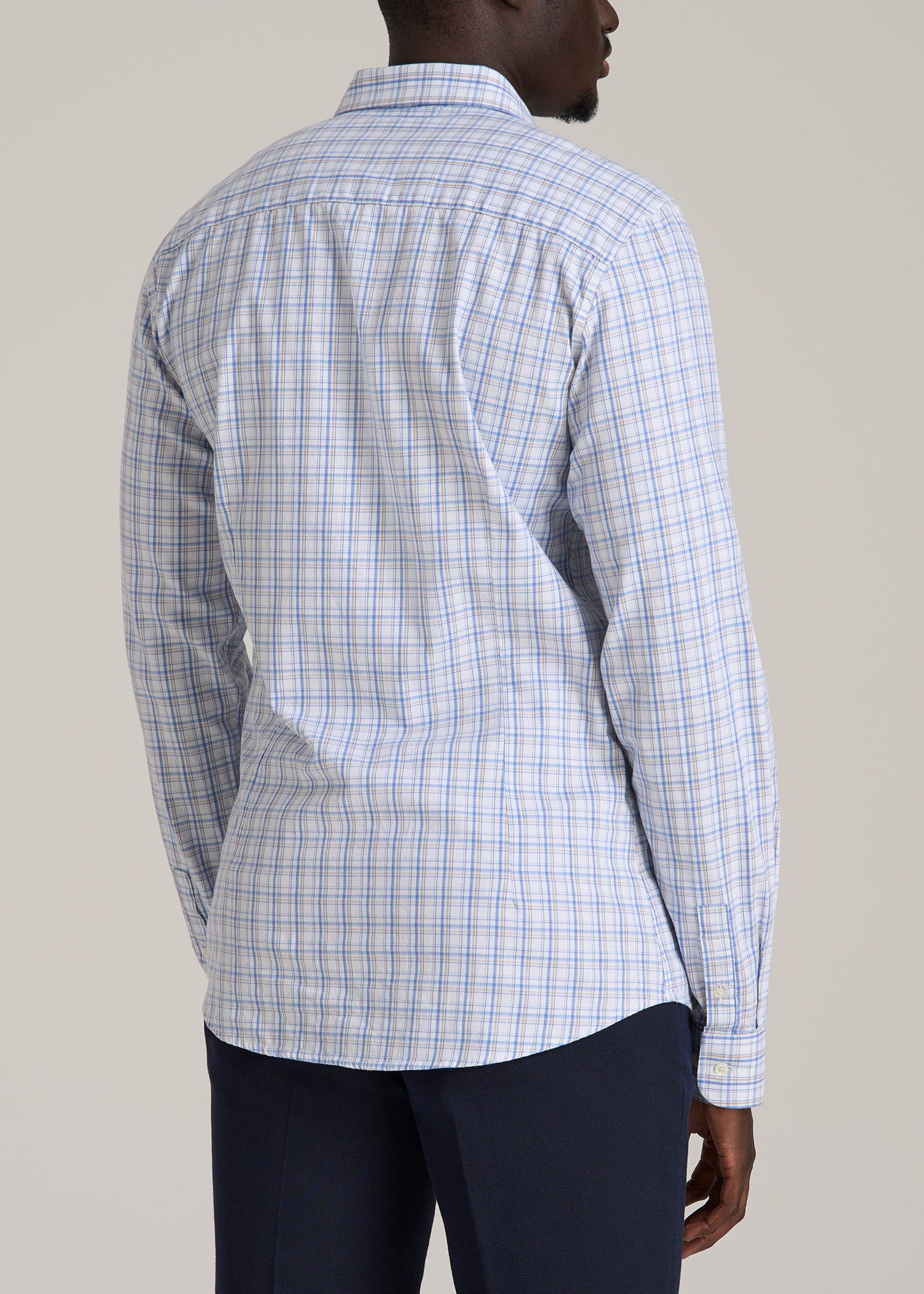 Oskar Button-Up Dress Shirt for Tall Men in Soft Blue and Beige Plaid