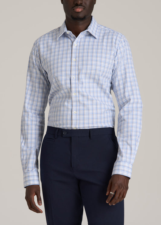 Oskar Button-Up Dress Shirt for Tall Men in Soft Blue and Beige Plaid