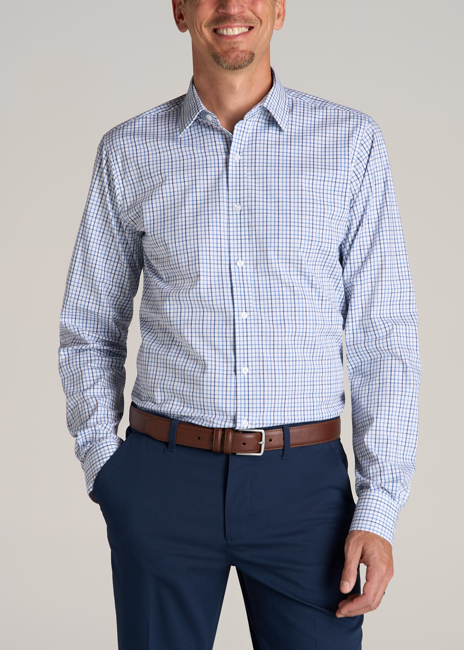 American-Tall-Men-Oskar-Easy-care-Dress-Shirts-Blue-Black-Grid-front