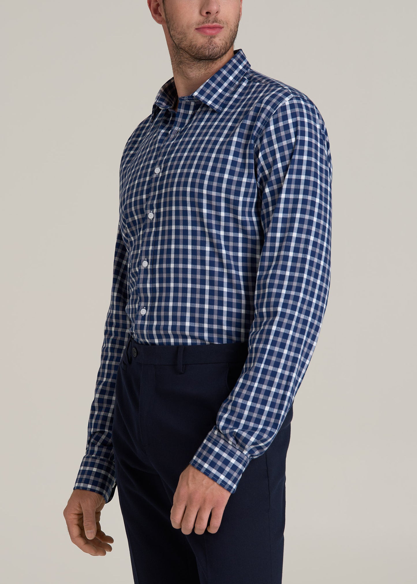 Oskar Button-Up Dress Shirt for Tall Men in Navy and Grey Grid