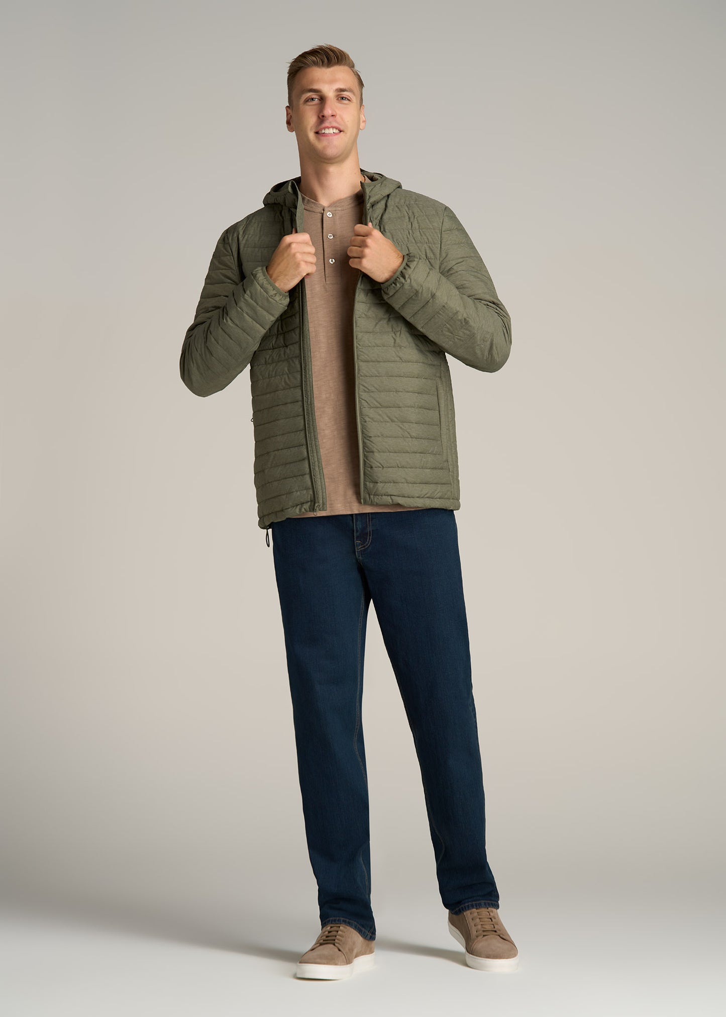 Tall Men's Packable Puffer Jacket in Olive Space Dye