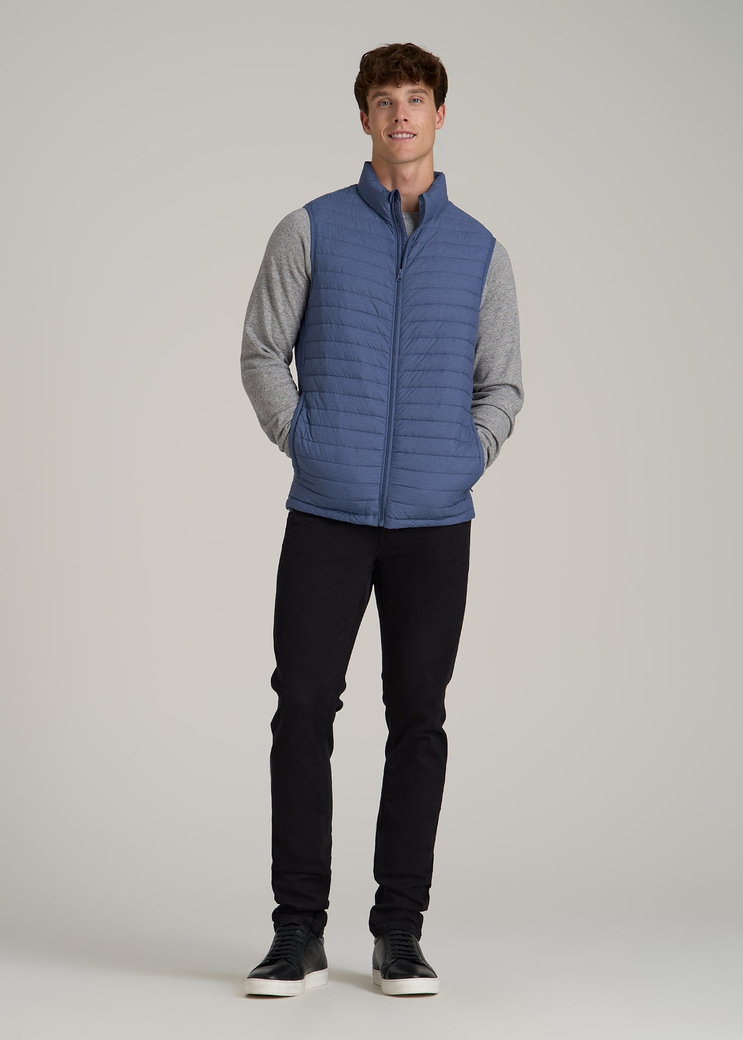 Tall Men's Packable Puffer Vest in Steel Blue