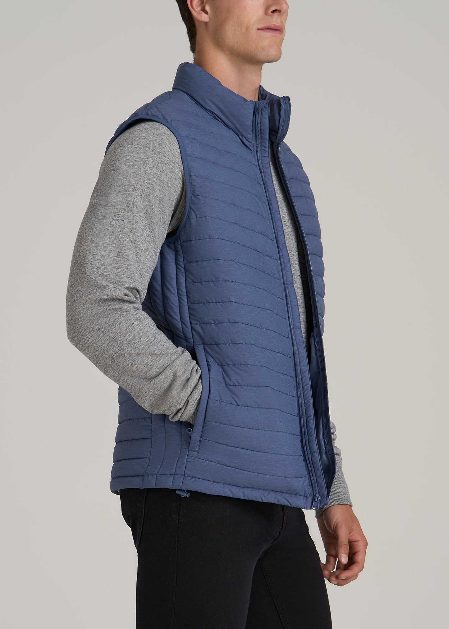 Tall Men's Packable Puffer Vest in Steel Blue