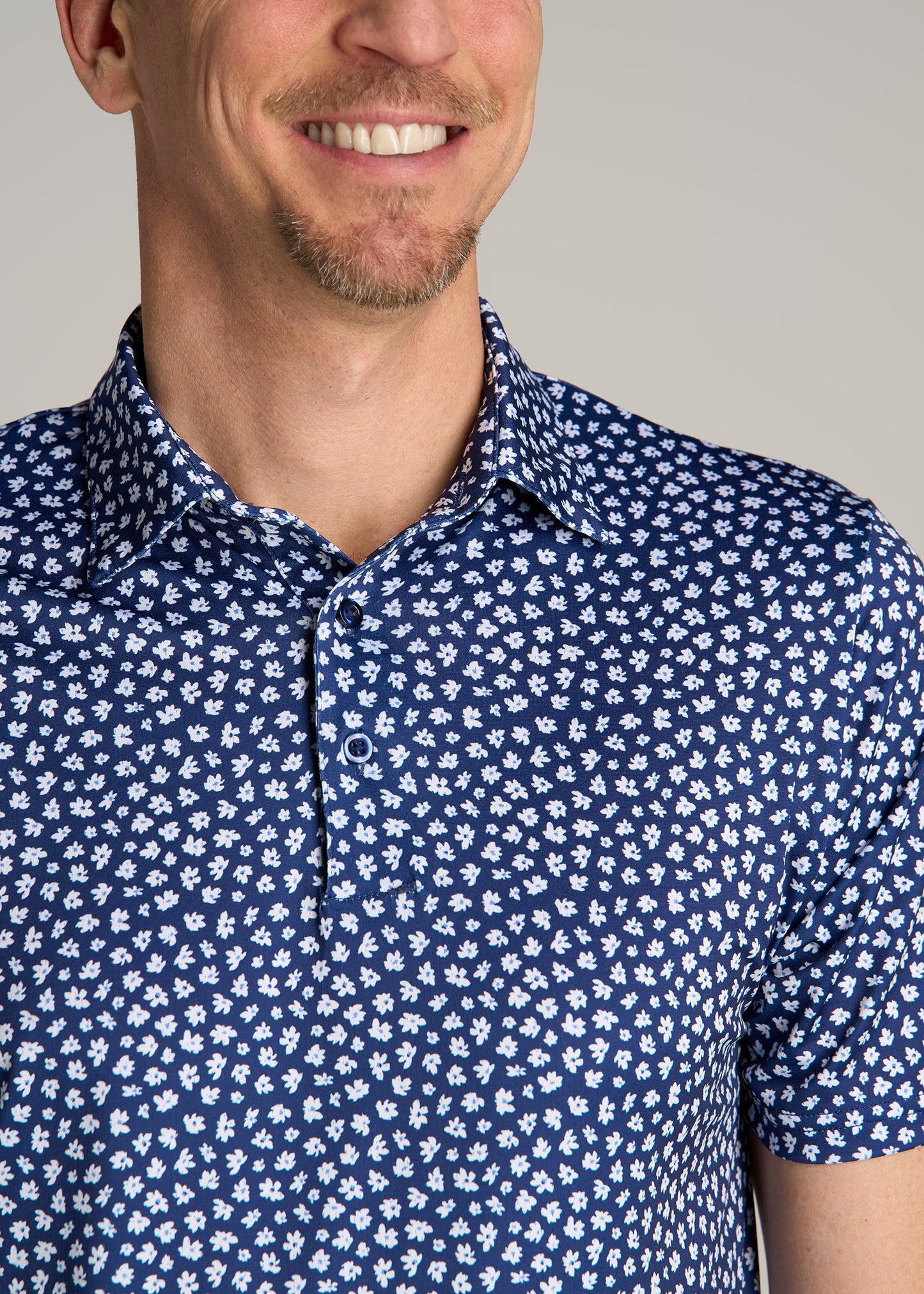 Golf Performance Print Tall Men's Polo Shirt in Dark Blue Mini Floral