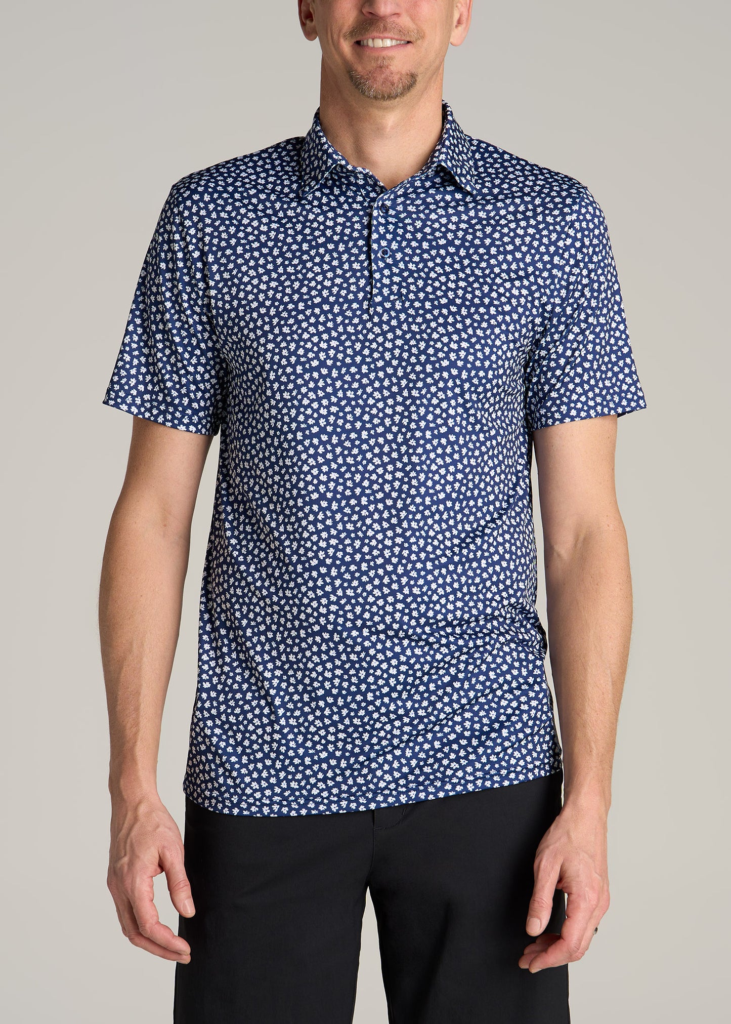 Golf Performance Print Tall Men's Polo Shirt in Dark Blue Mini Floral