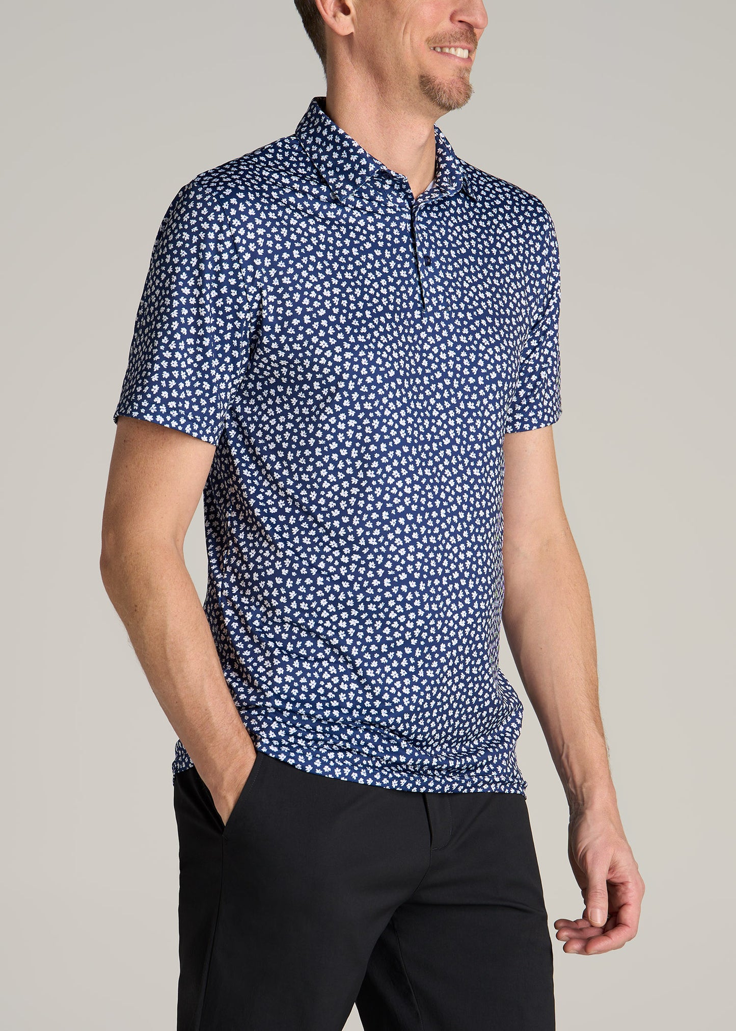 Golf Performance Print Tall Men's Polo Shirt in Dark Blue Mini Floral