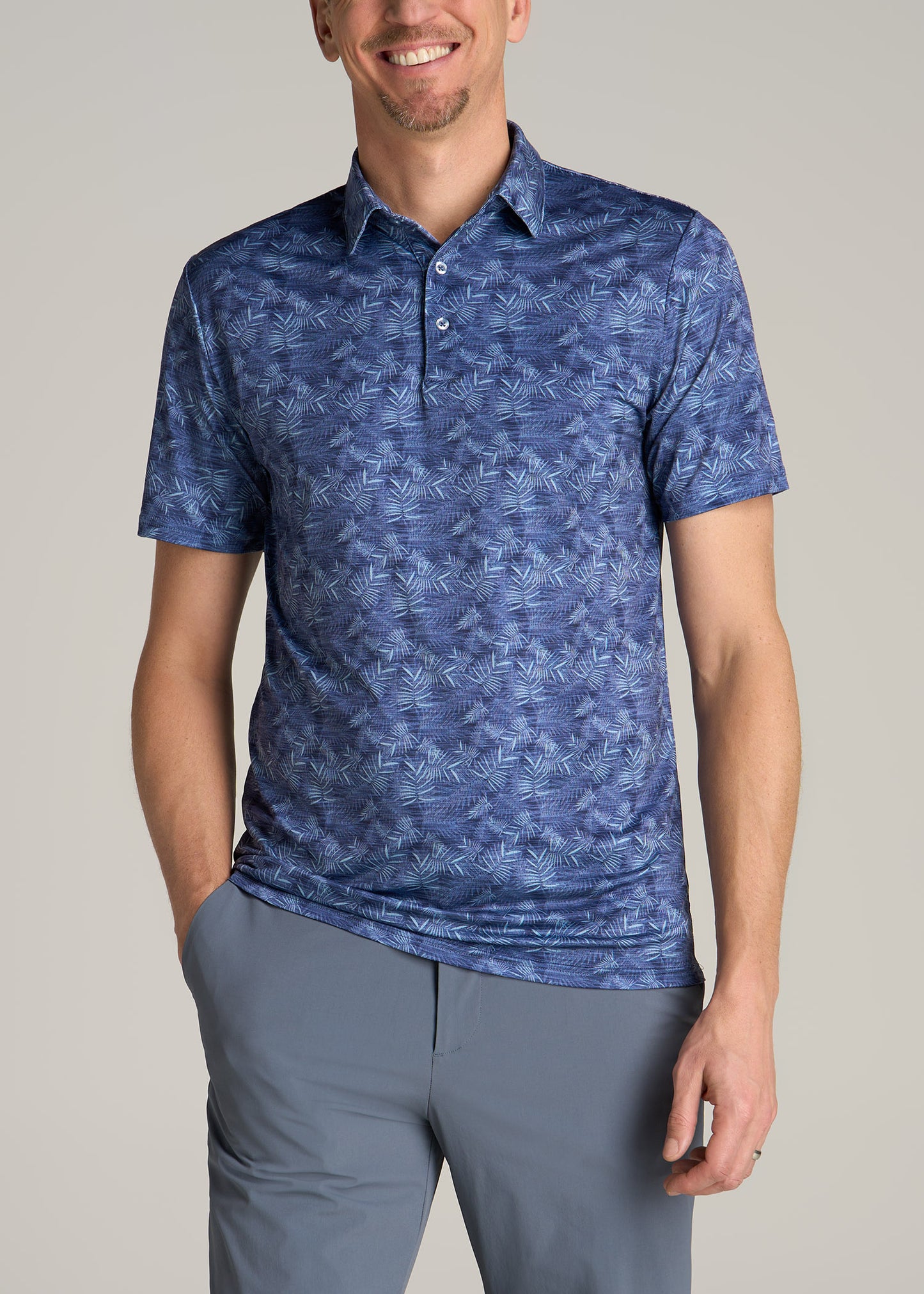 Golf Performance Print Tall Men's Polo Shirt in Navy Palms