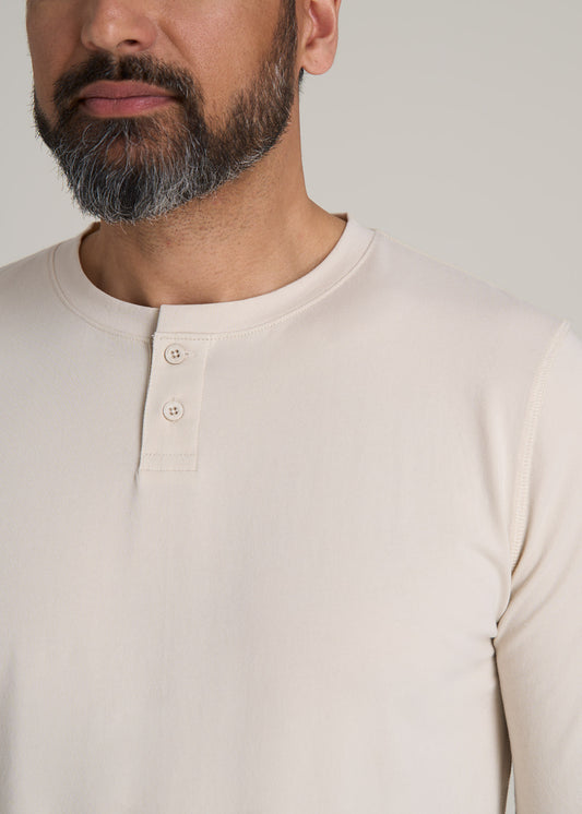 Pima Stretch Knit Henley Shirt for Tall Men in Light Stone