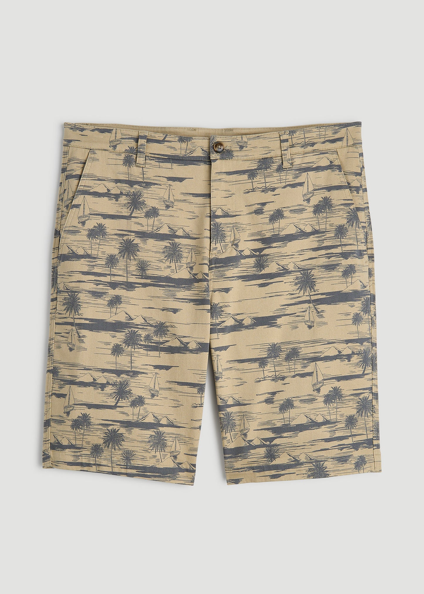 Printed Stretch Cotton Shorts for Tall Men in Grey Oceanic Print