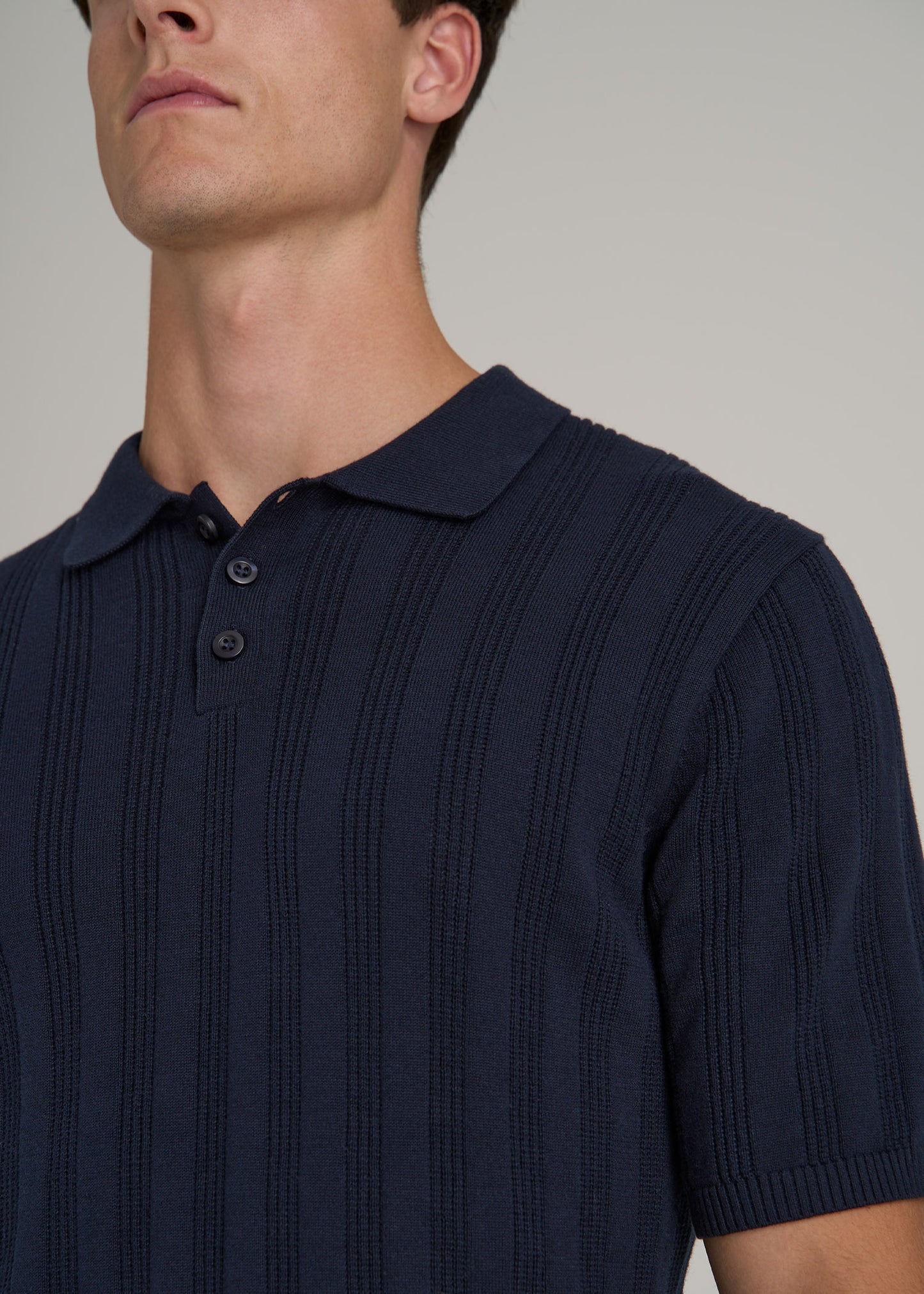 Ribbed Textured Knit Tall Men's Polo Shirt in Deep Indigo