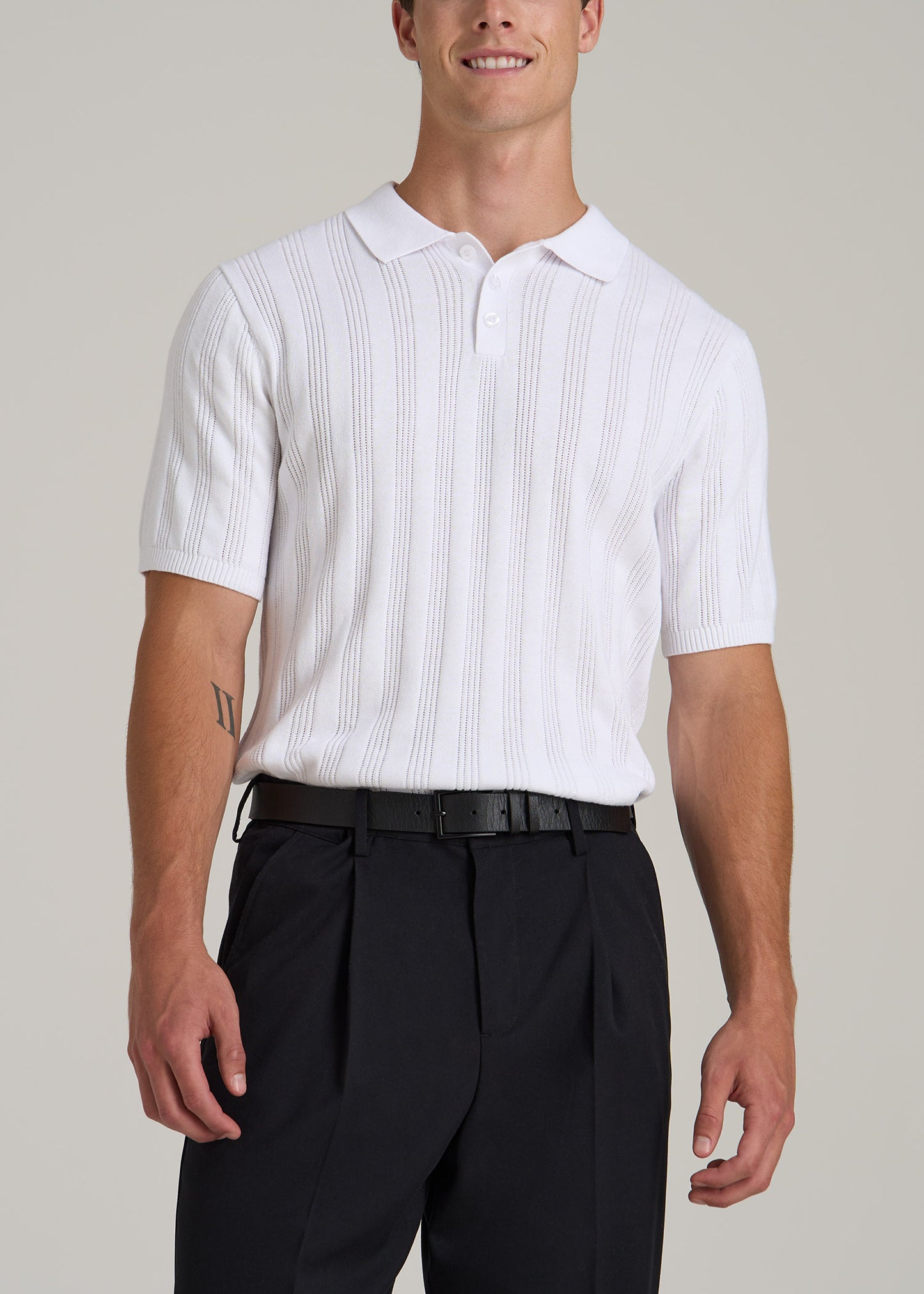 Ribbed Textured Knit Tall Men's Polo Shirt in White