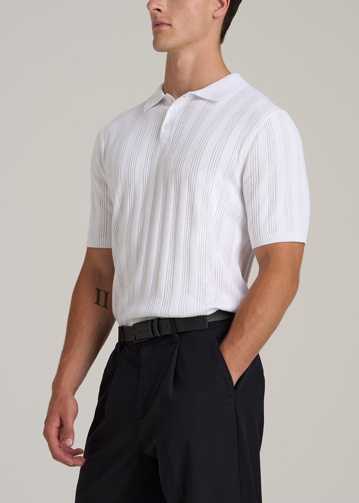 Ribbed Textured Knit Tall Men's Polo Shirt in White