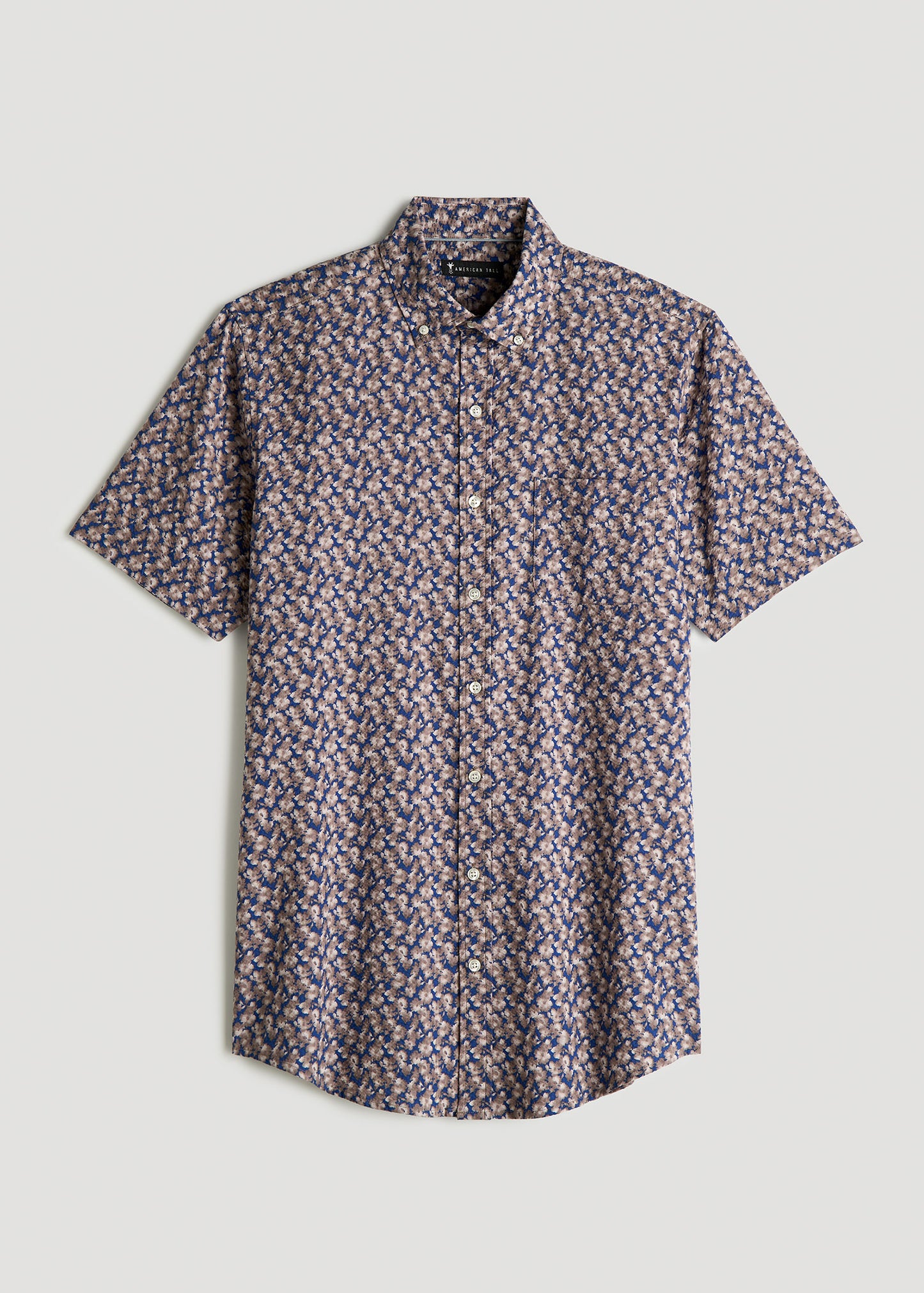 Seersucker Tall Men's Short Sleeve Shirt in Beige & Indigo Blossom Print