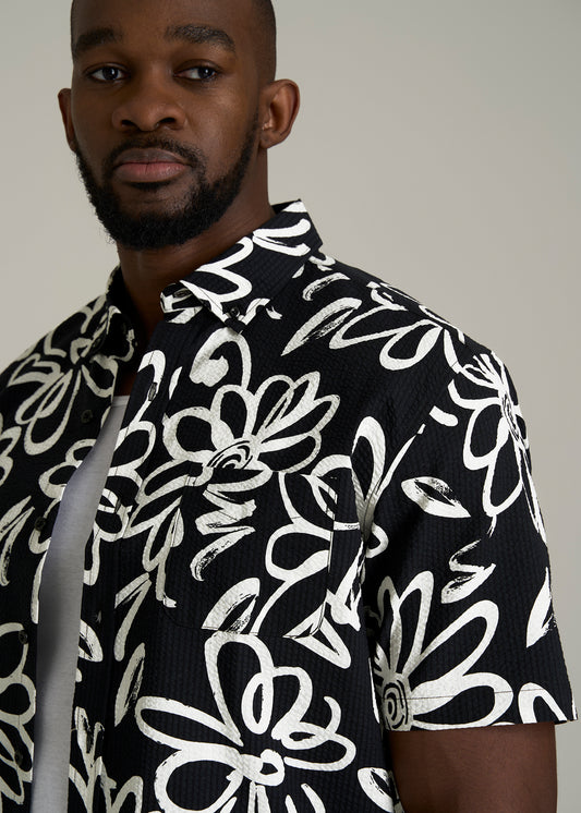 Seersucker Tall Men's Short Sleeve Shirt in Black and White Floral