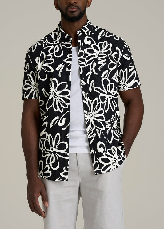 Seersucker Tall Men's Short Sleeve Shirt in Black and White Floral