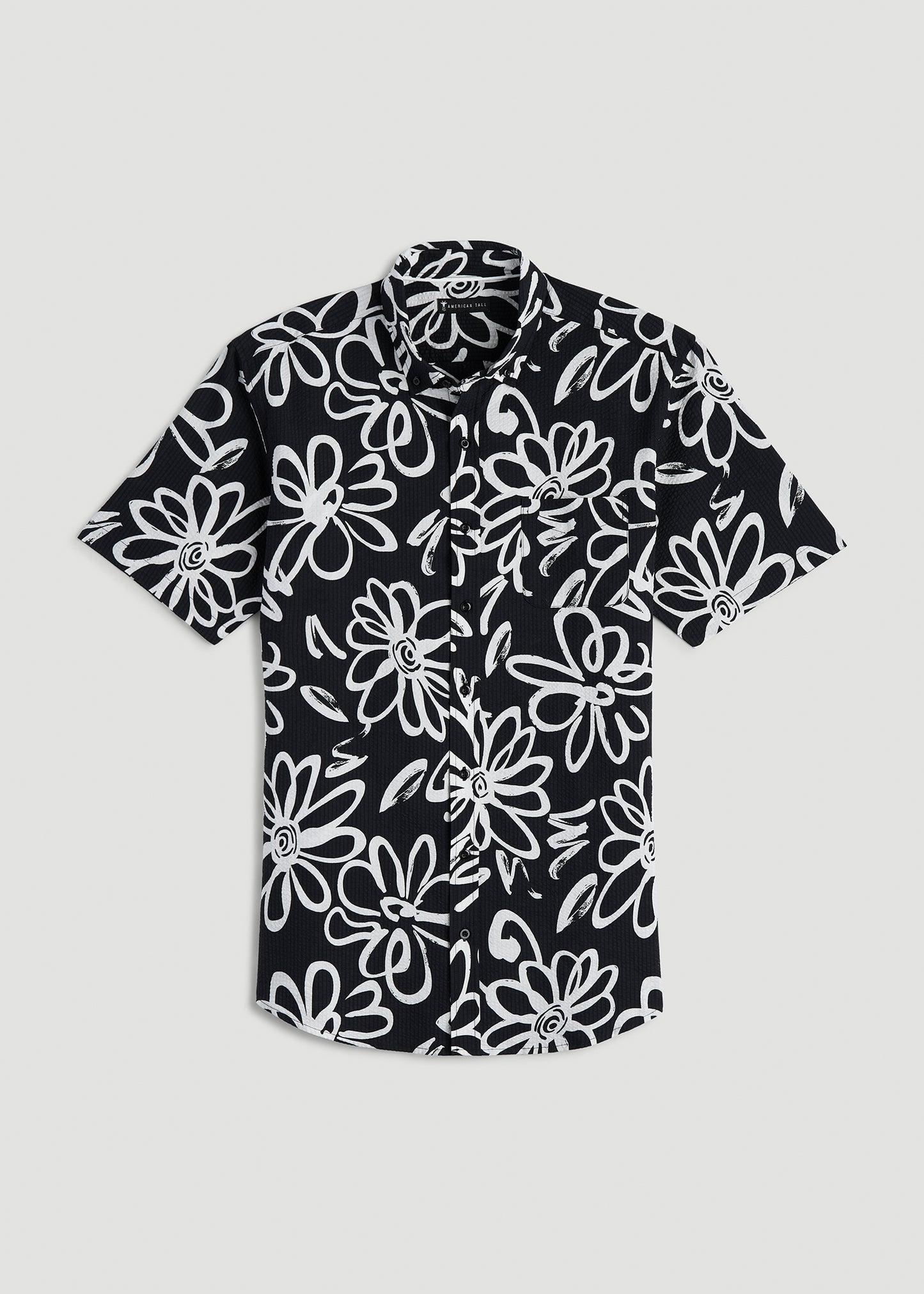 Seersucker Tall Men's Short Sleeve Shirt in Black and White Floral