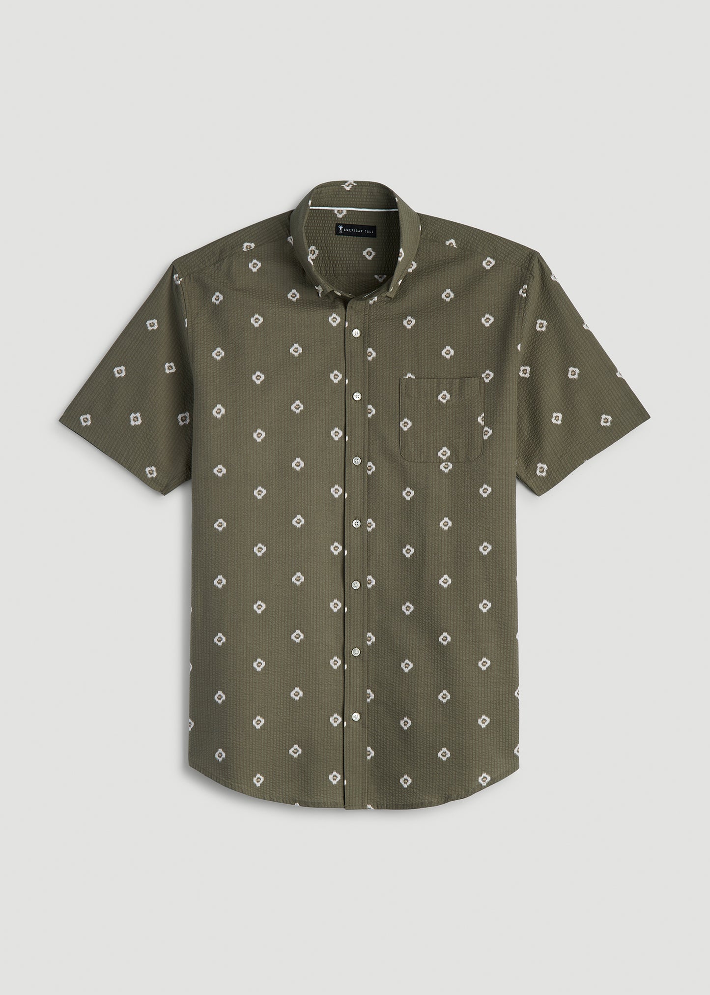 Seersucker Tall Men's Short Sleeve Shirt in Olive and Beige Floral