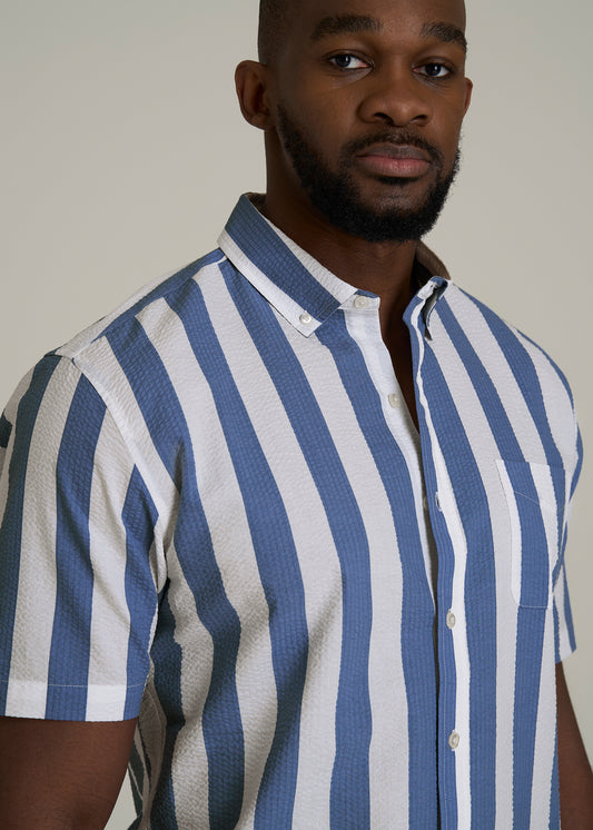 Seersucker Tall Men's Short Sleeve Shirt in Periwinkle Blue Stripe