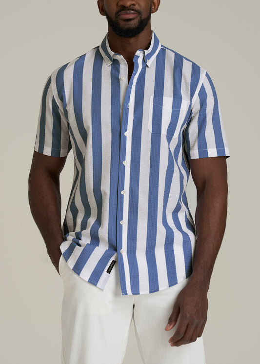 Seersucker Tall Men's Short Sleeve Shirt in Periwinkle Blue Stripe