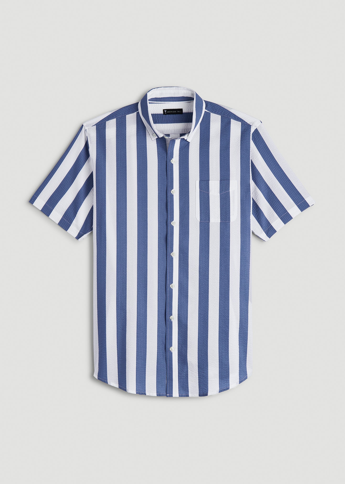 Seersucker Tall Men's Short Sleeve Shirt in Periwinkle Blue Stripe