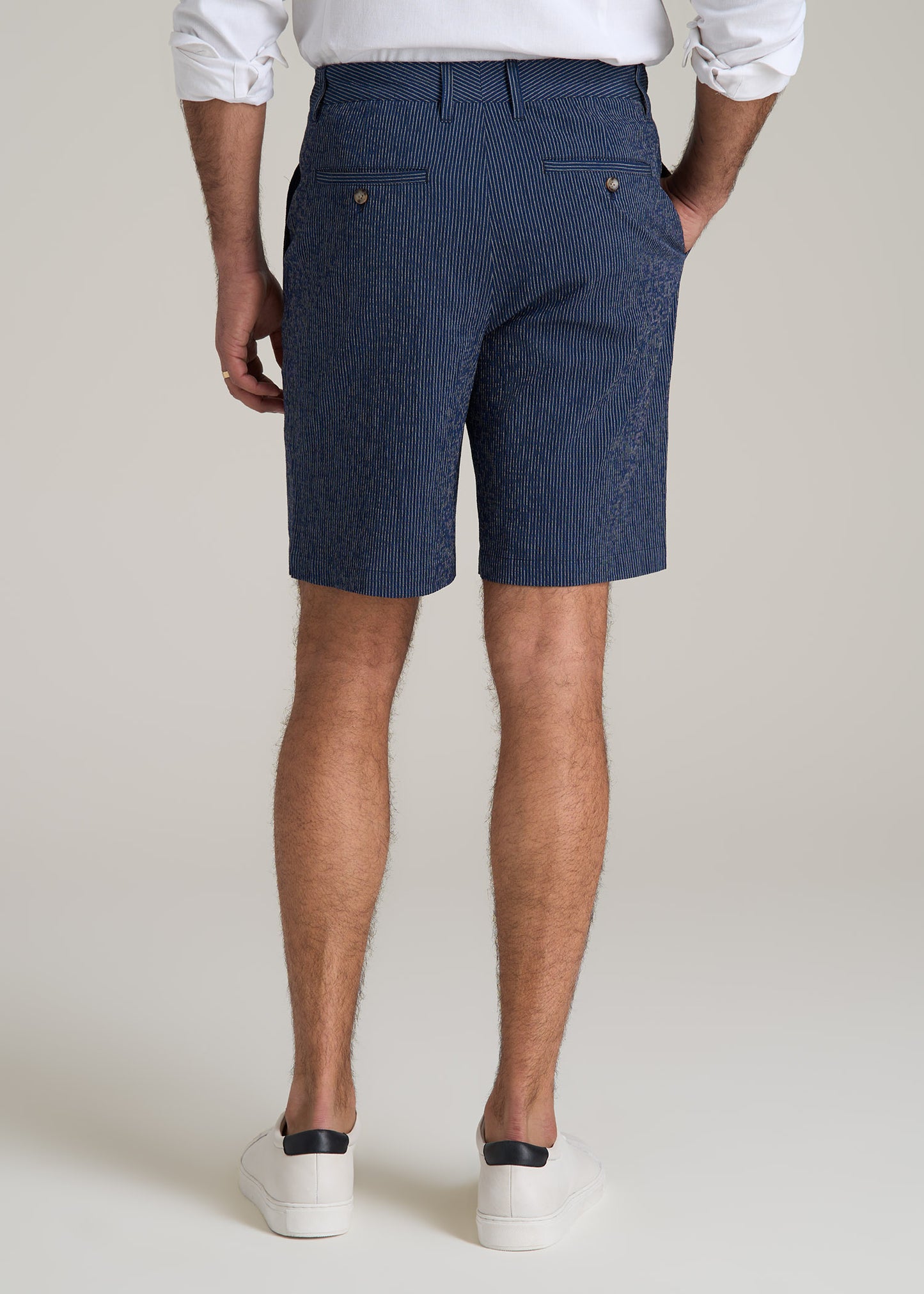 Seersucker Shorts for Tall Men in Navy and Off White Stripe