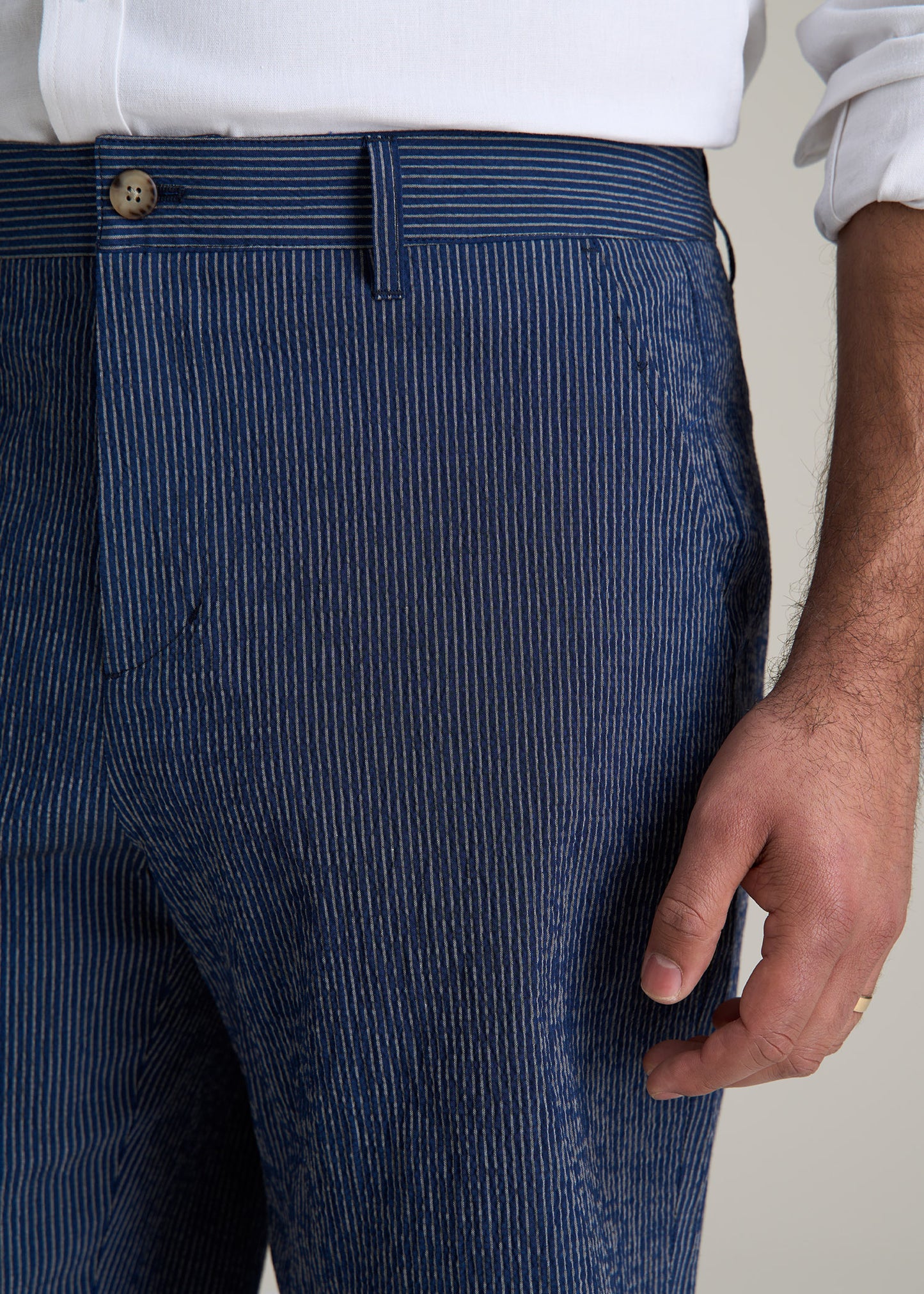 Seersucker Shorts for Tall Men in Navy and Off White Stripe