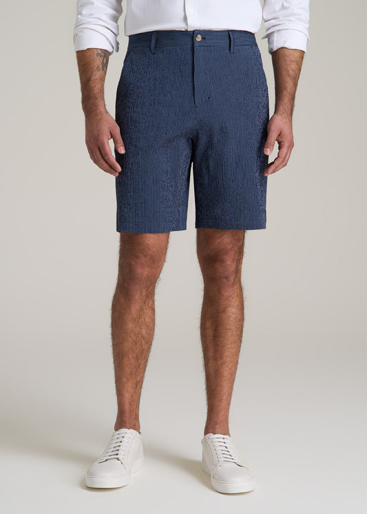 Seersucker Shorts for Tall Men in Navy and Off White Stripe