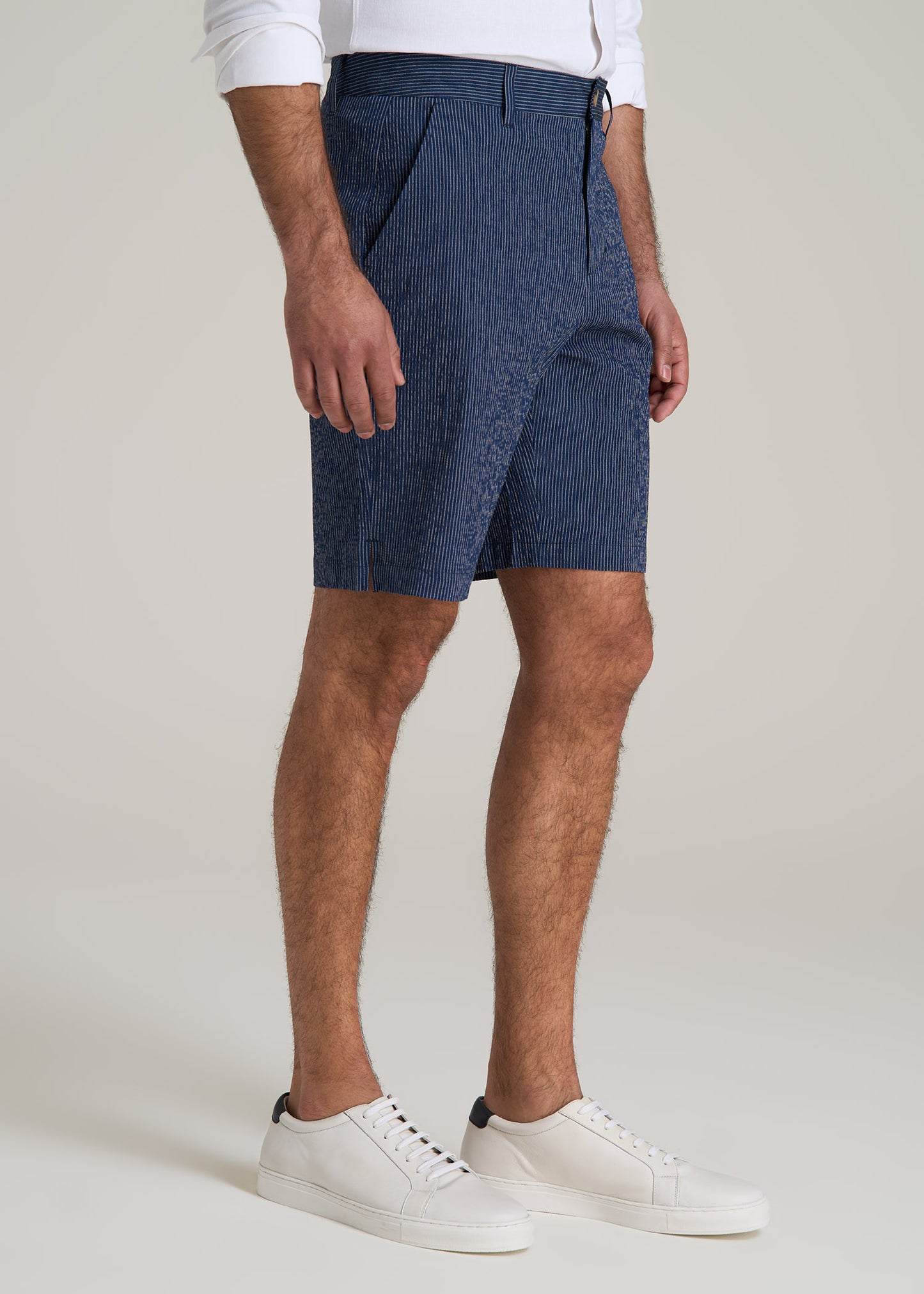 Seersucker Shorts for Tall Men in Navy and Off White Stripe