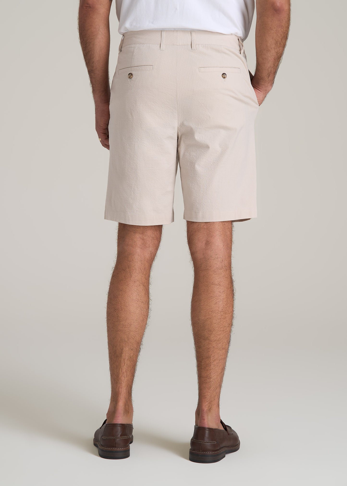 Seersucker Shorts for Tall Men in Soft Beige