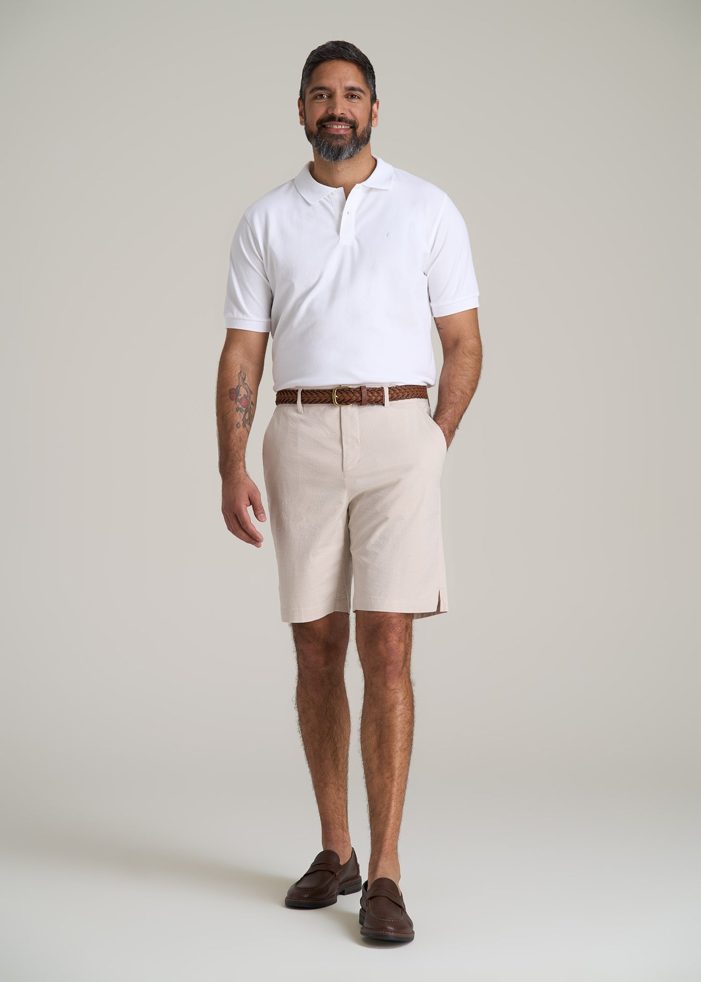 Seersucker Shorts for Tall Men in Soft Beige