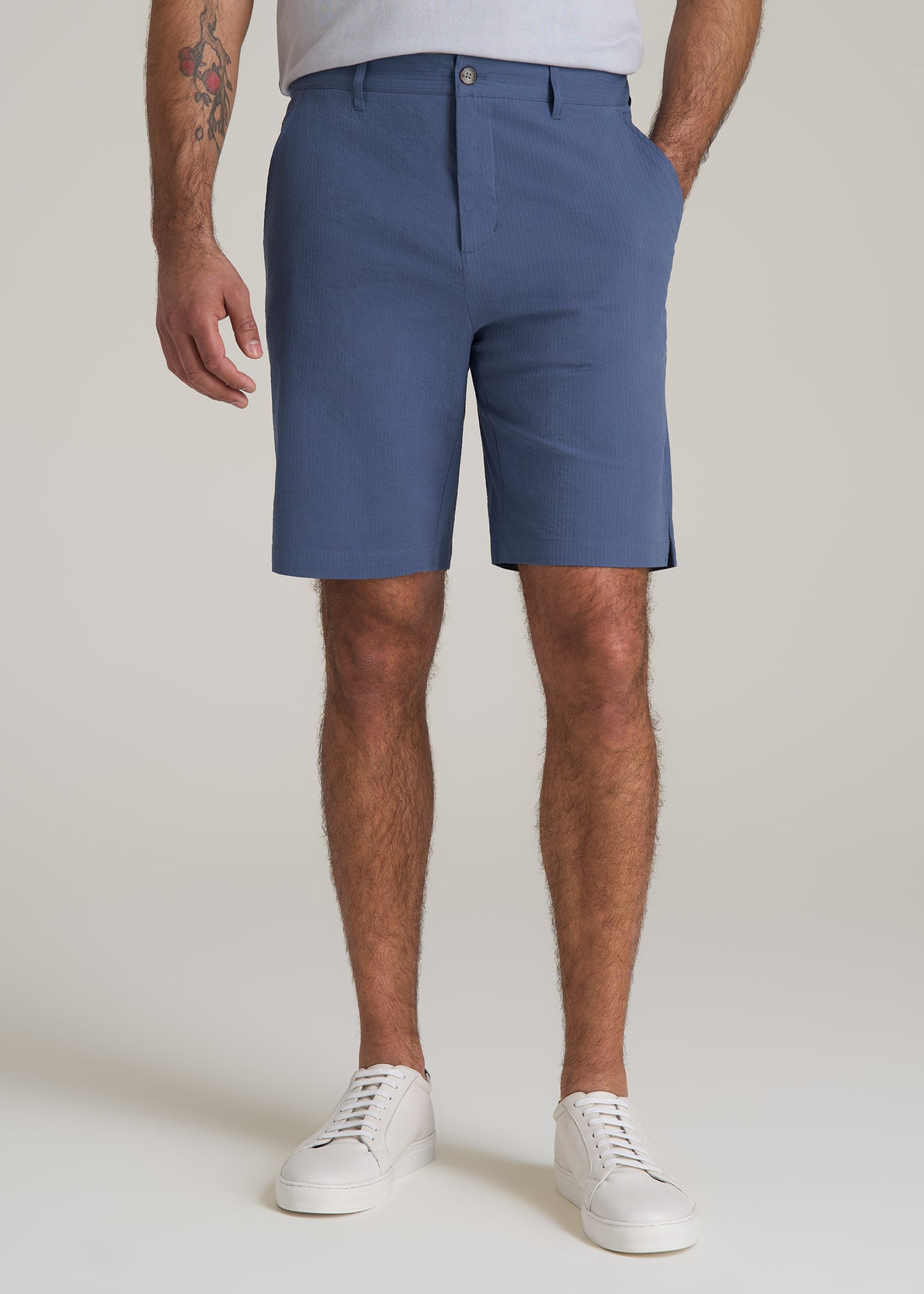 Seersucker Shorts for Tall Men in Steel Blue