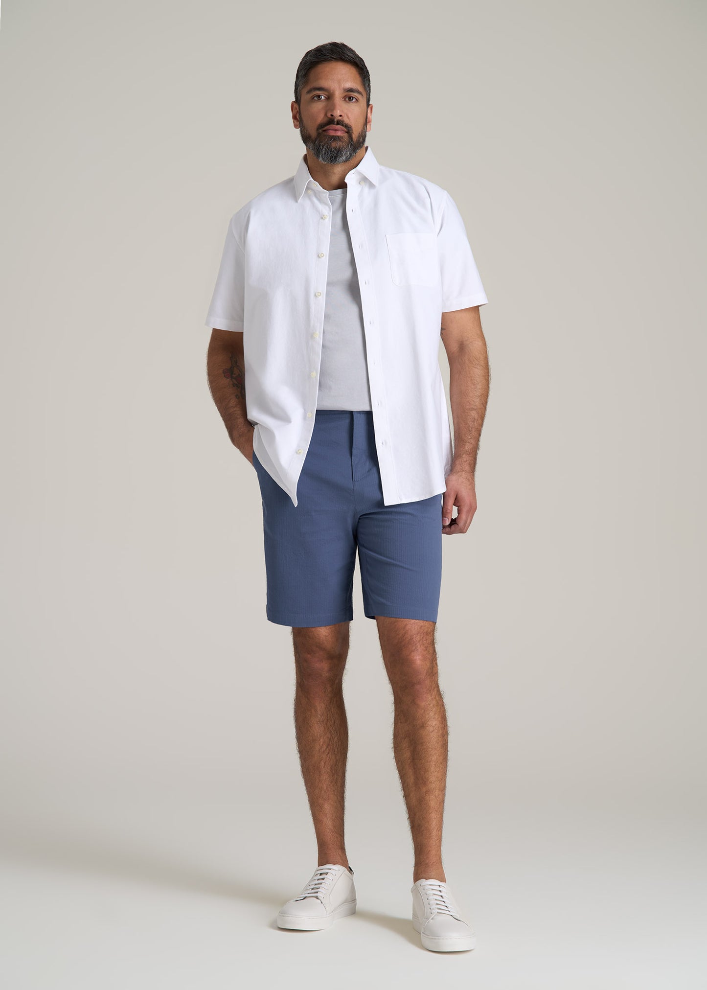 Seersucker Shorts for Tall Men in Steel Blue