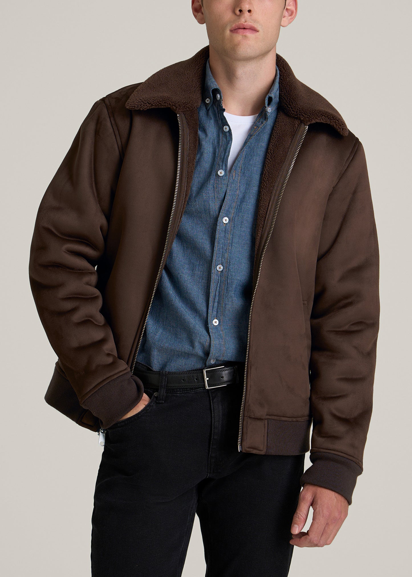 Sherpa Bomber Jacket for Tall Men in Bison Brown