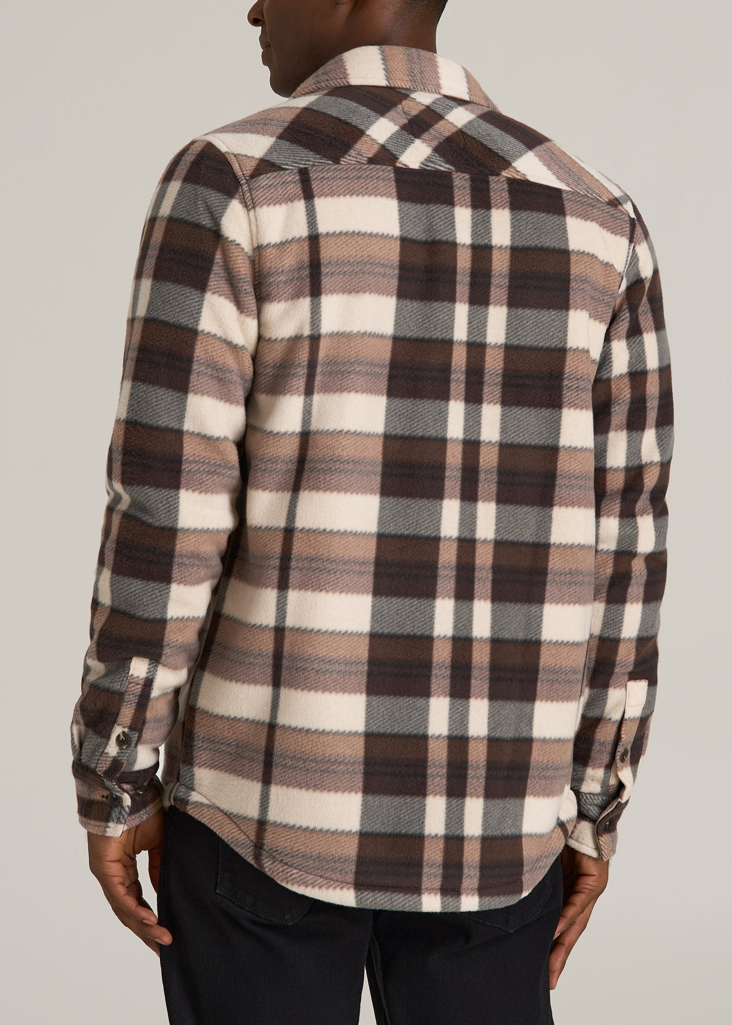 Sherpa-Lined Fleece Overshirt for Tall Men in Beige Tartan